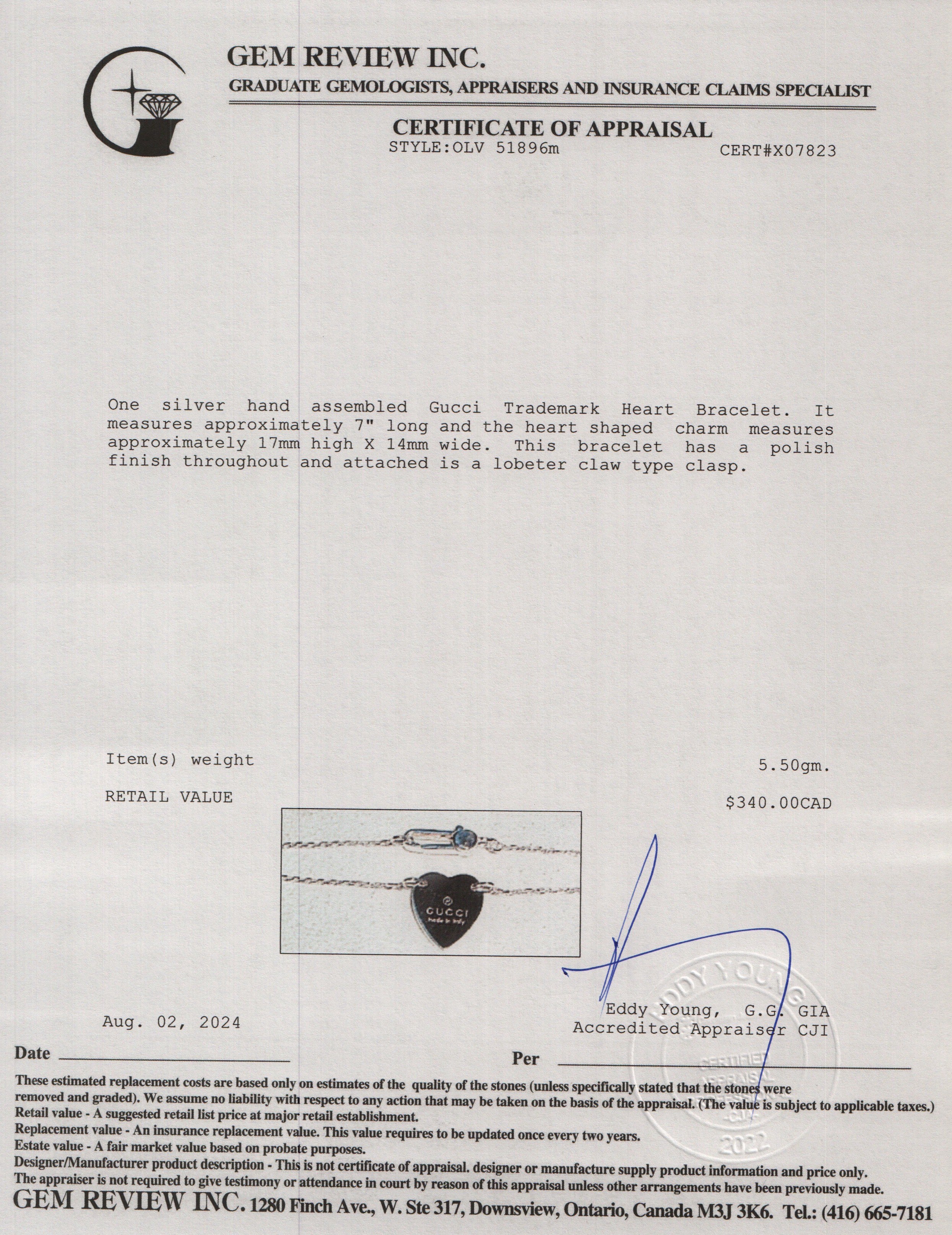 Gucci Sterling Silver Trademark Heart Bracelet