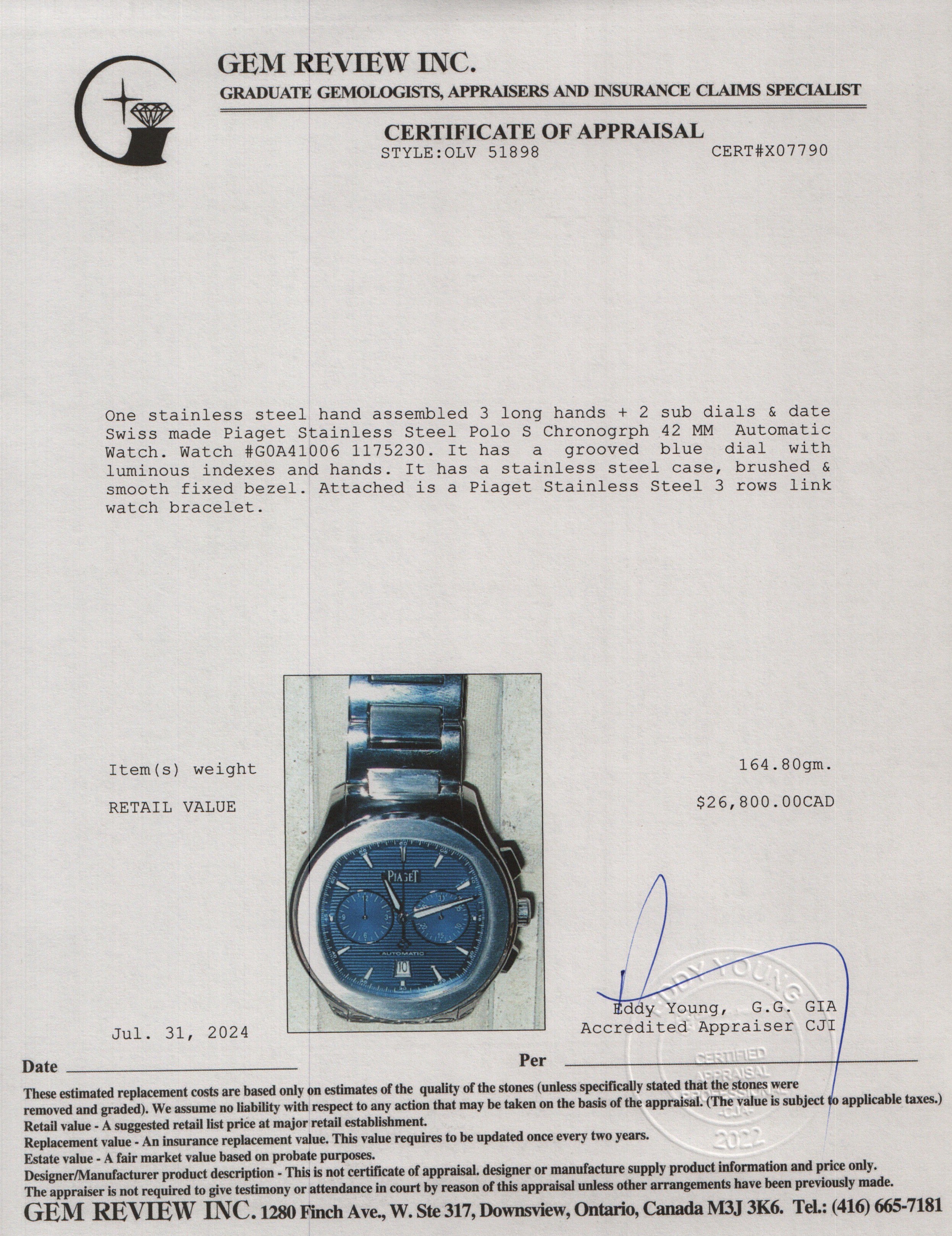 Piaget Stainless Steel Polo S Chronogrph 42 MM Automatic Watch w/ Box & Papers