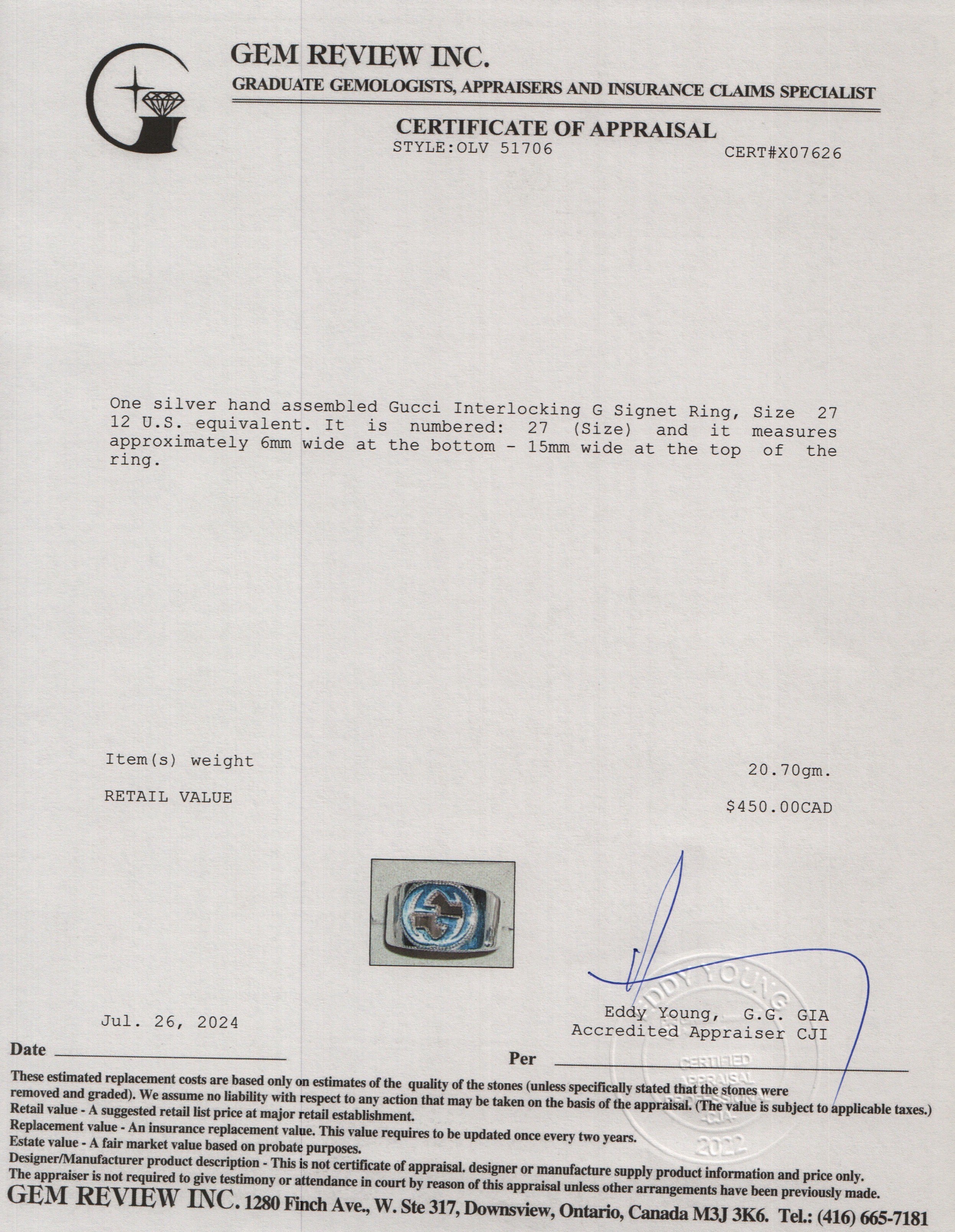 Gucci Sterling Silver Interlocking G Signet Ring, Size 27 12 w/ Box