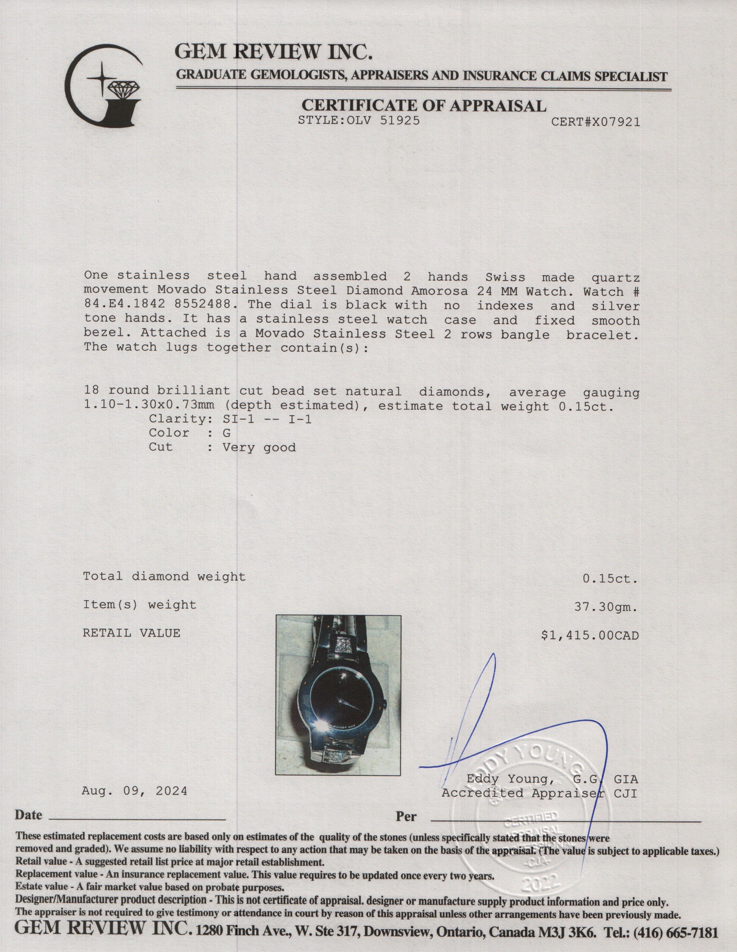 Movado Stainless Steel Diamond Amorosa 24 MM Watch