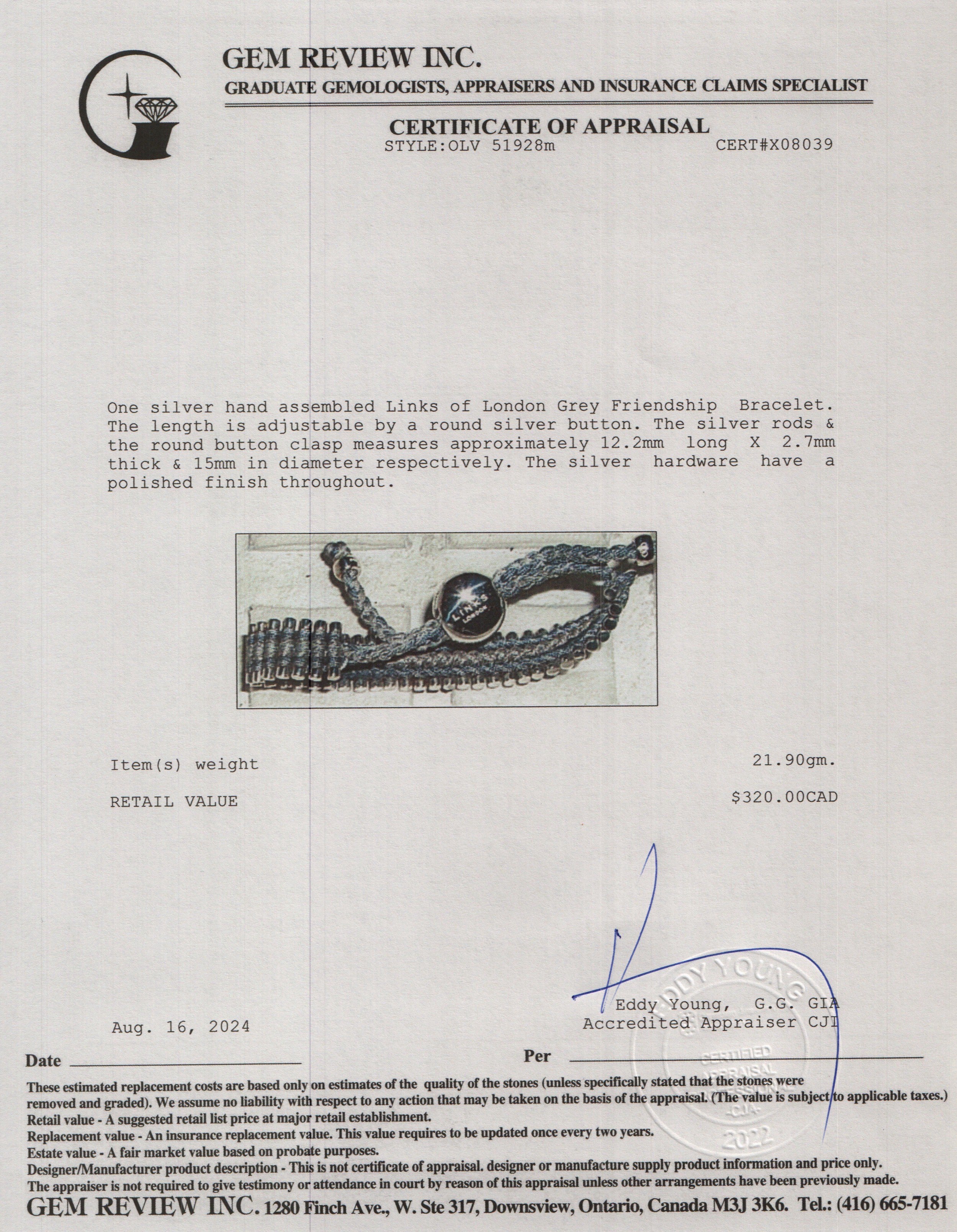 Links of London Sterling Silver Grey Friendship Bracelet w/ Box