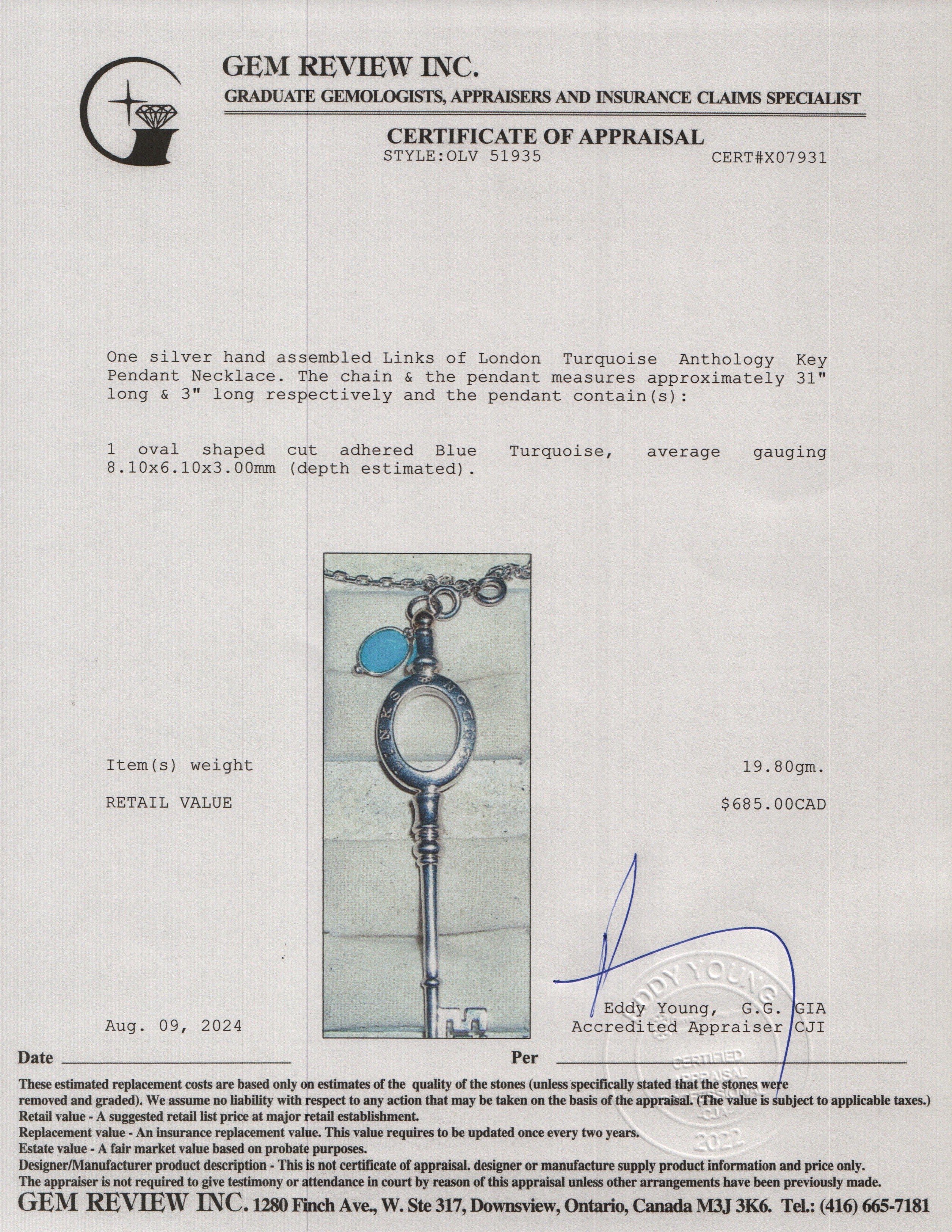 Links of London Sterling Silver Turquoise Anthology Key Pendant Necklace w/ Box