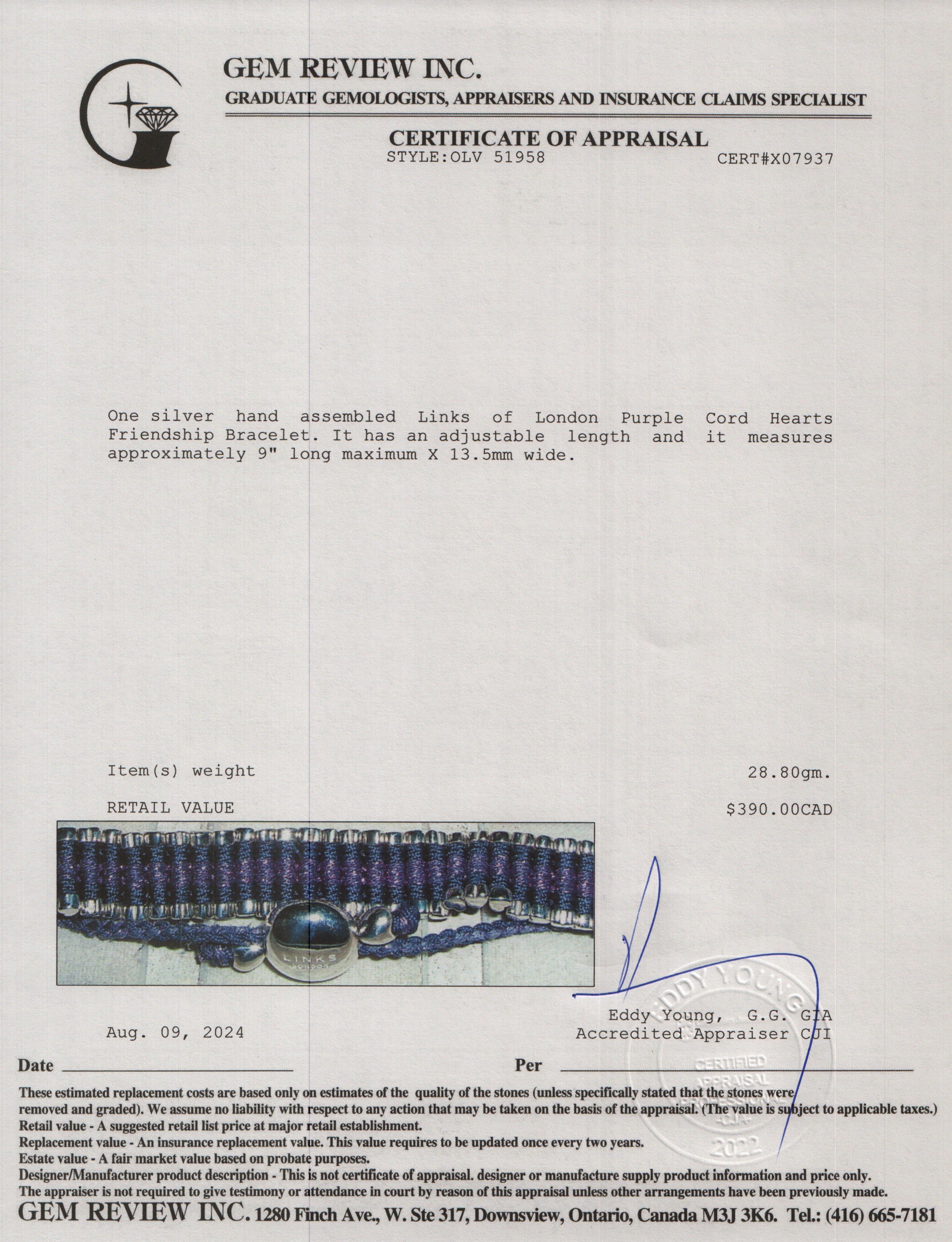 Links of London Sterling Silver Purple Cord Hearts Friendship Bracelet w/ Box