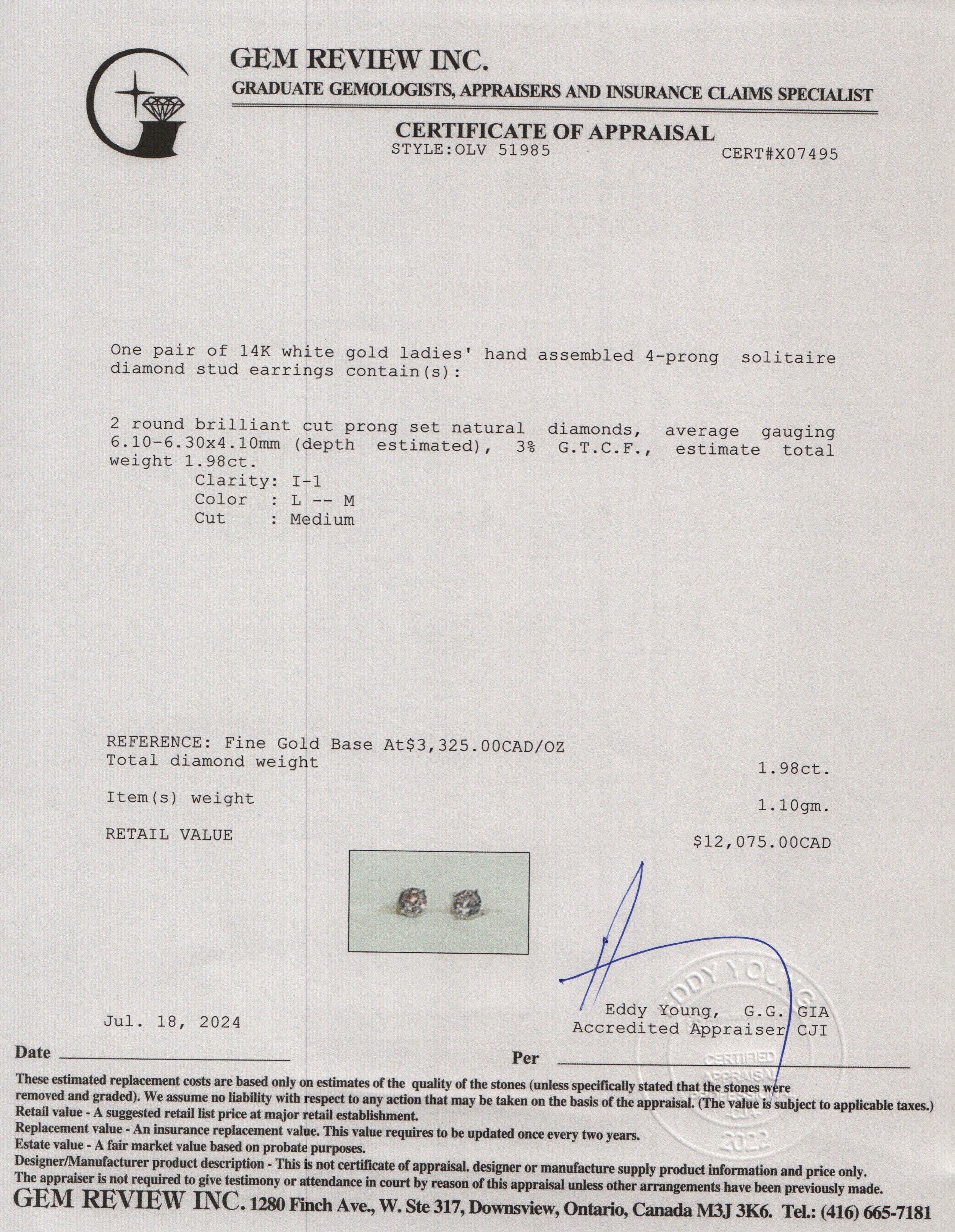 14k White Gold 1.98 tcw. Diamond Stud Earrings