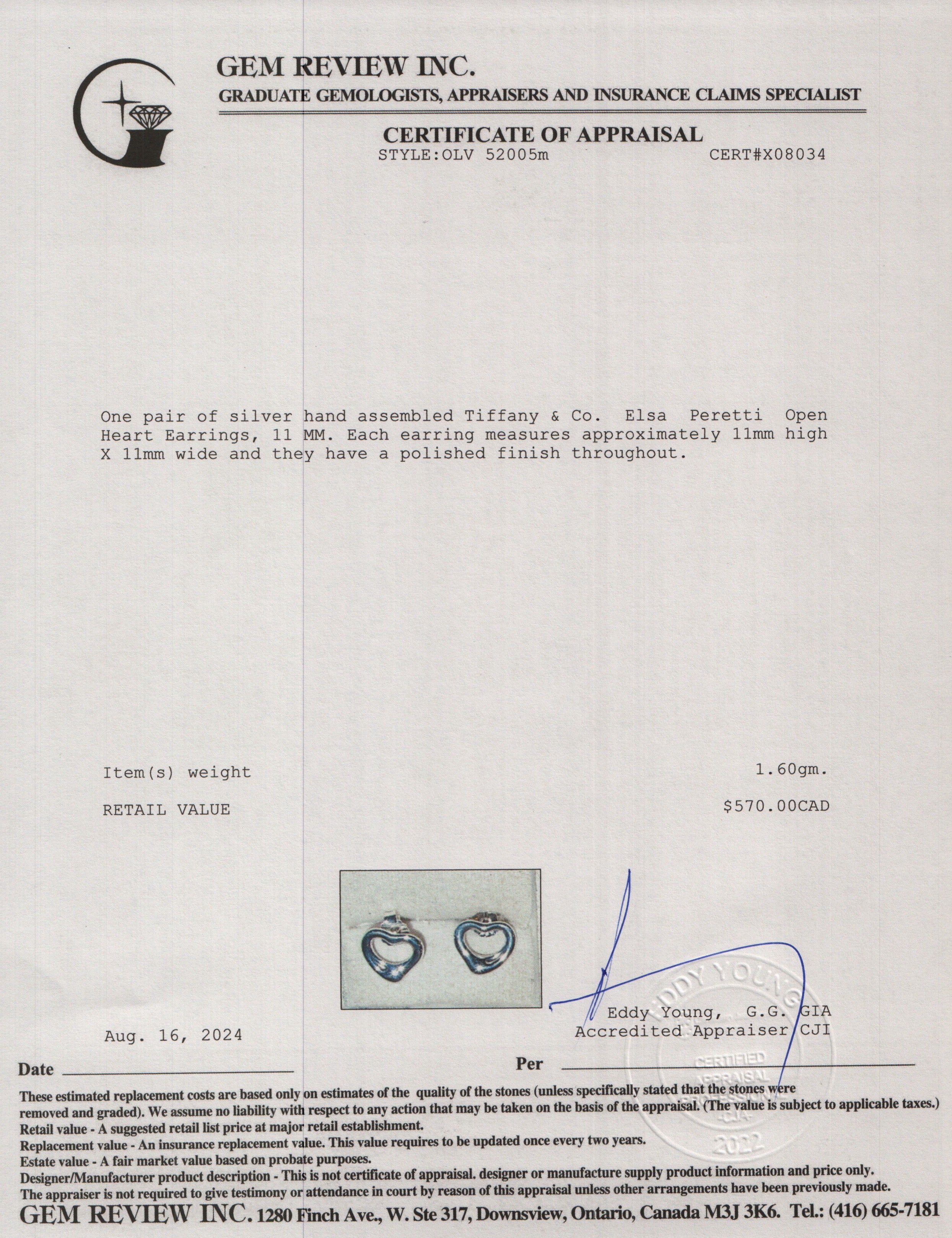 Tiffany & Co. Elsa Peretti Sterling Silver Open Heart Earrings, 11 MM