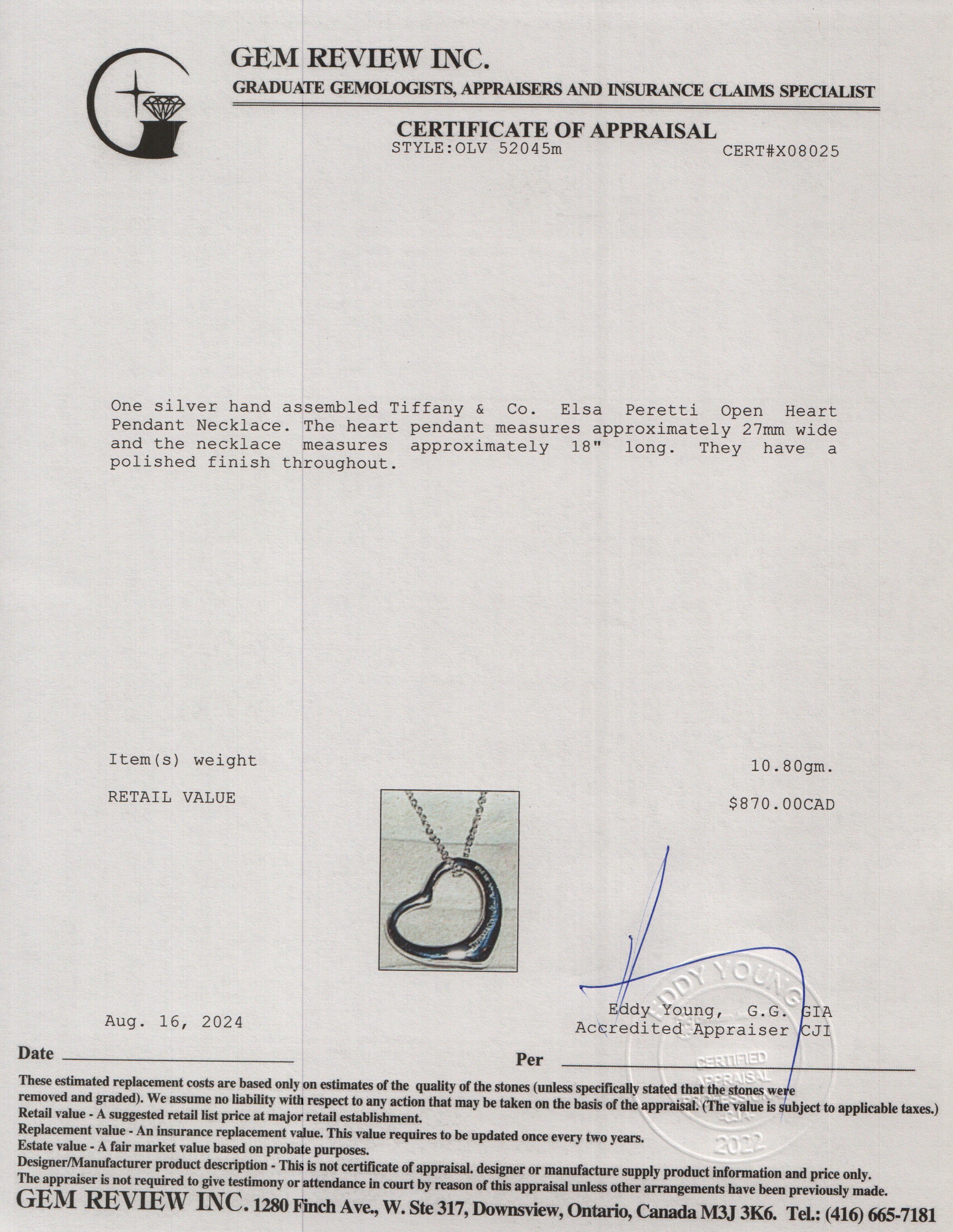 Tiffany & Co. Sterling Silver Elsa Peretti Open Heart Pendant Necklace, 27 MM