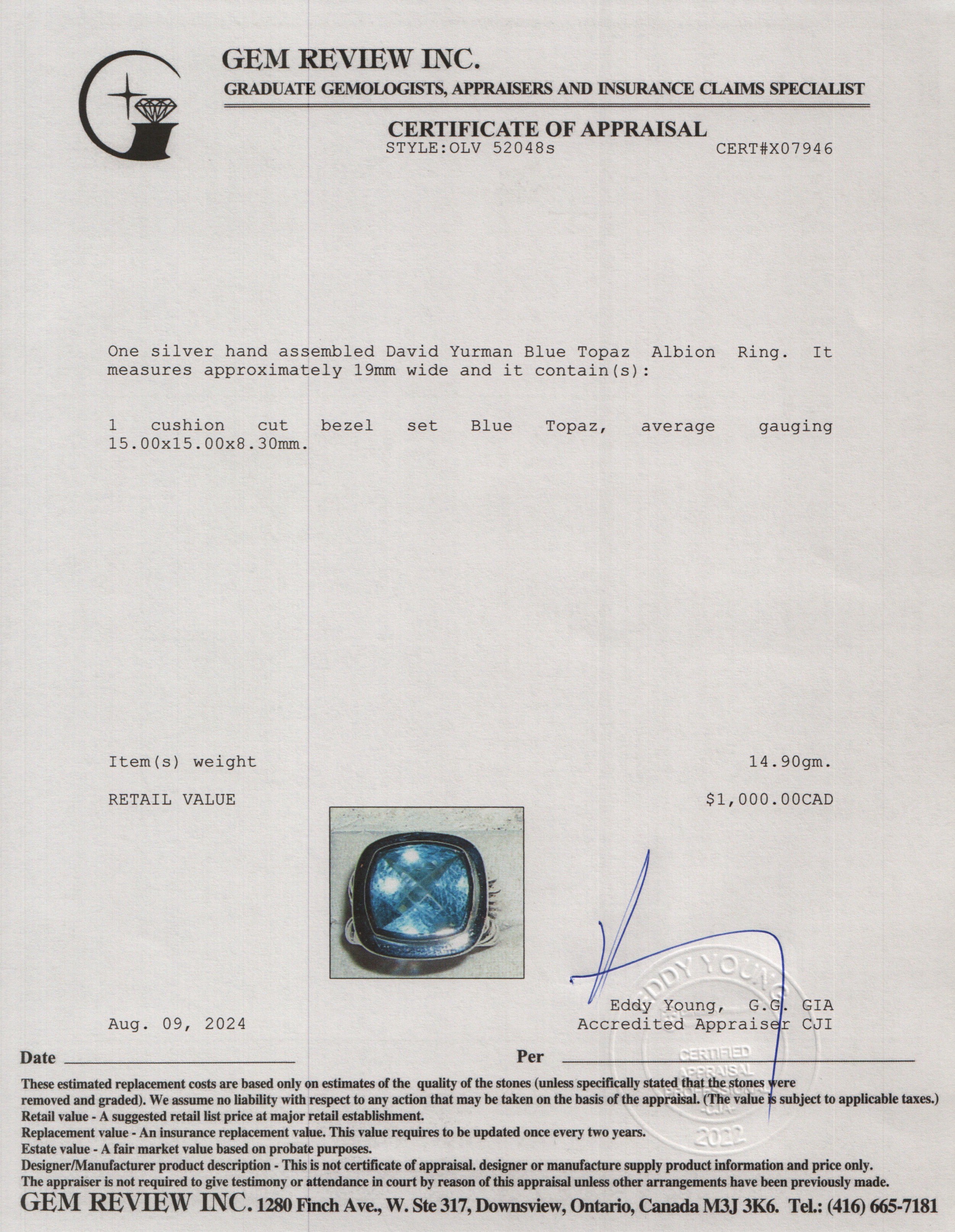 David Yurman Sterling Silver Blue Topaz Albion Ring, Size 5.75