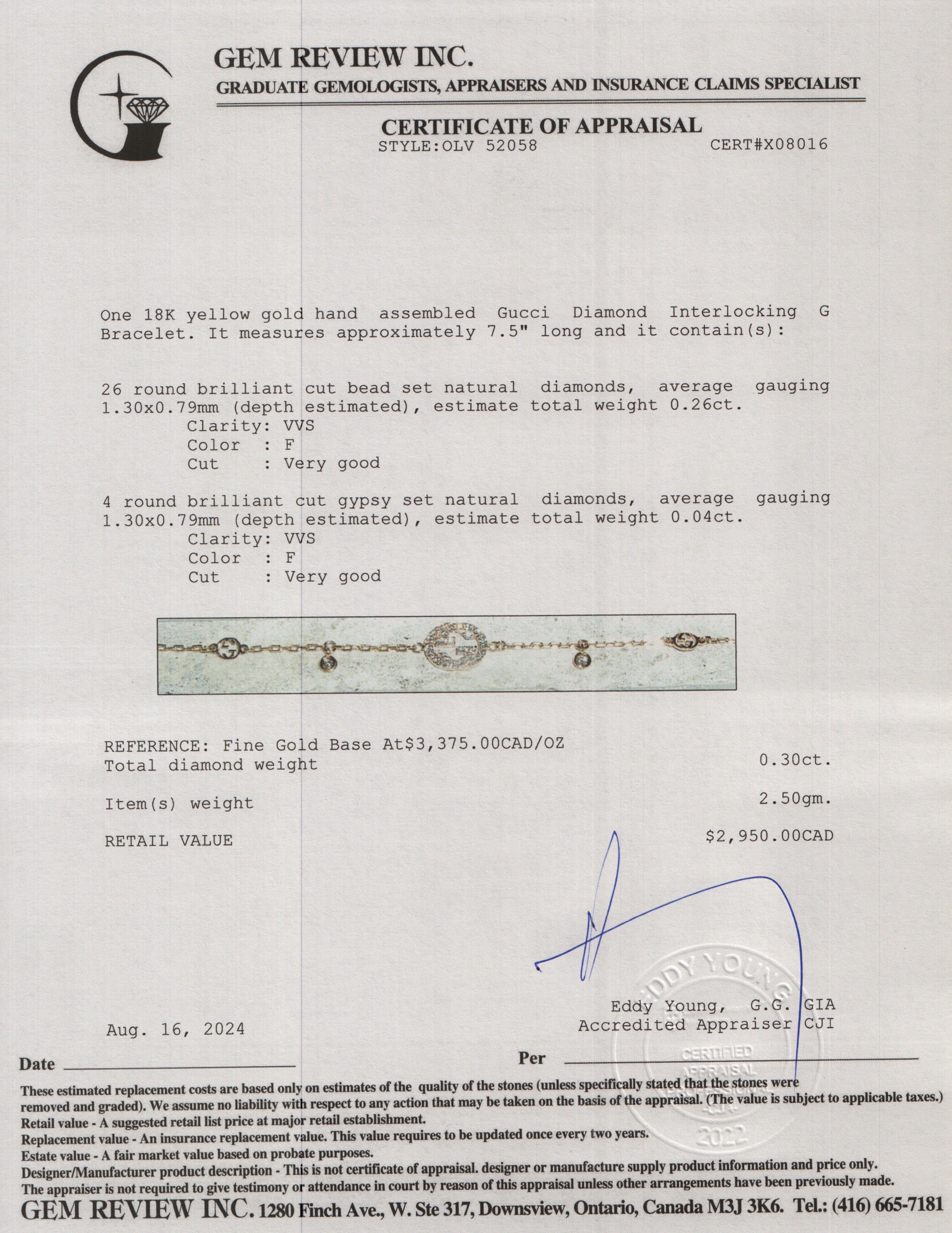 Gucci 18k Yellow Gold Diamond Interlocking G Bracelet