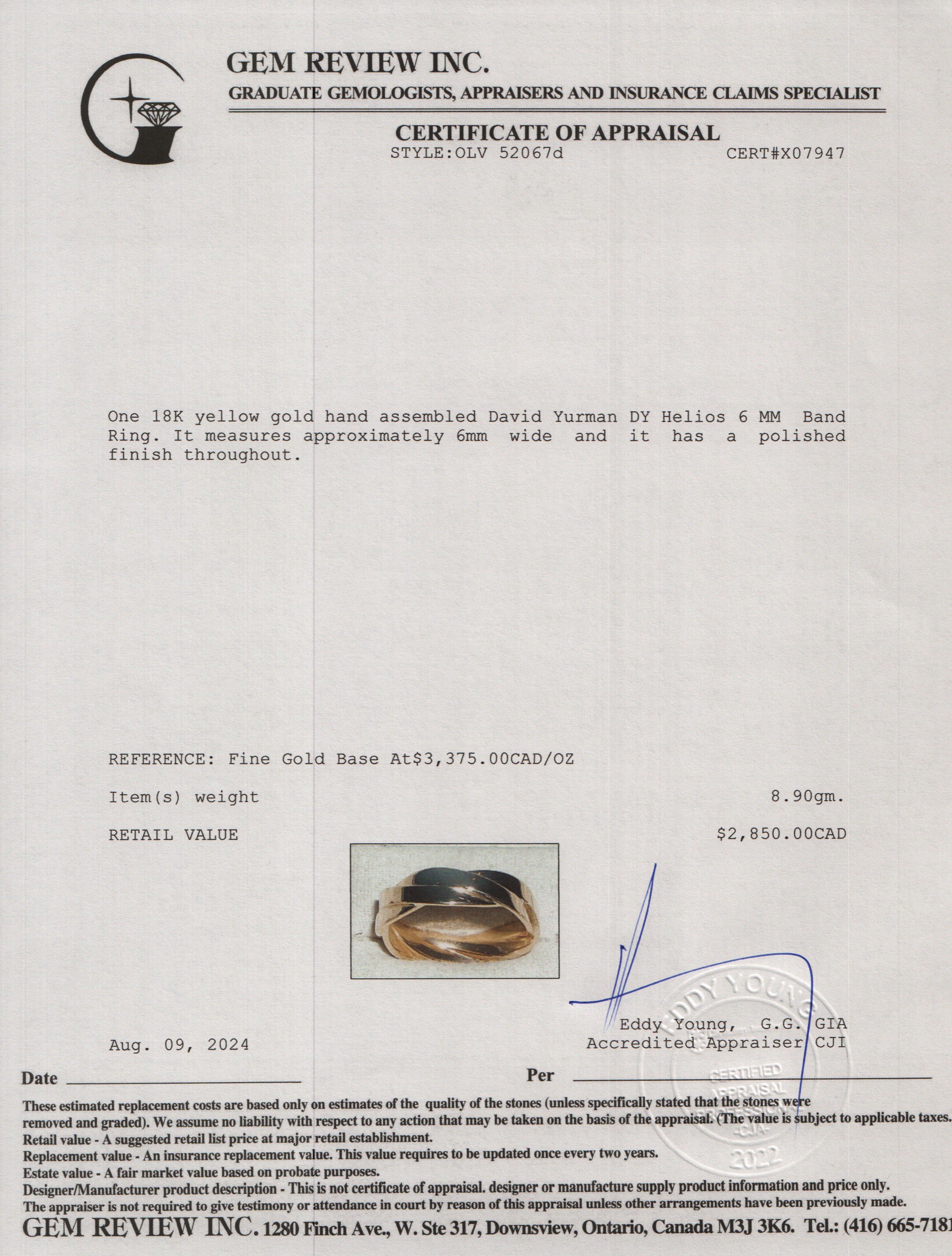 David Yurman 18k Yellow Gold DY Helios 6 MM Band Ring, Size 10 w/ Box