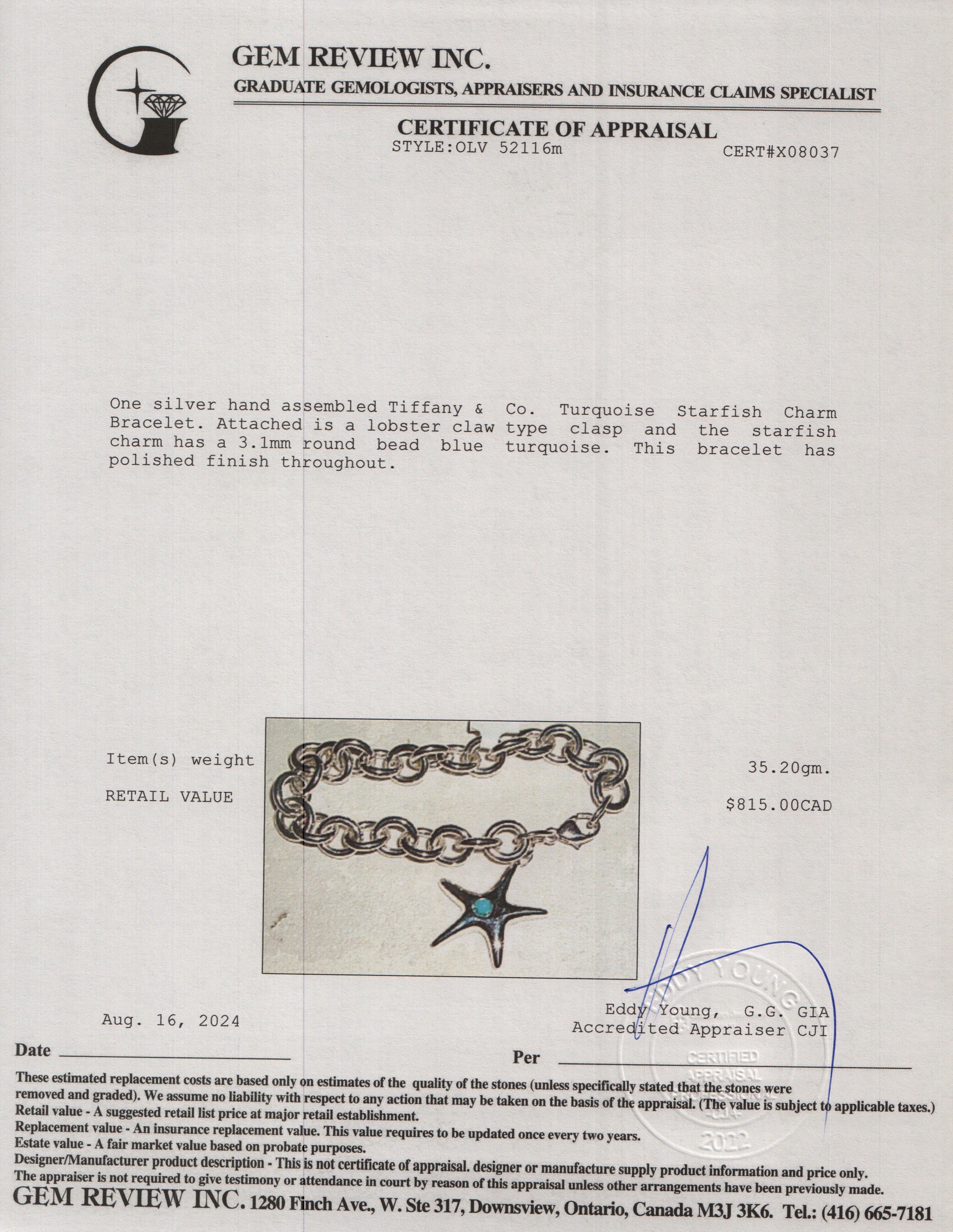 Tiffany & Co. Sterling Silver Turquoise Starfish Charm Bracelet