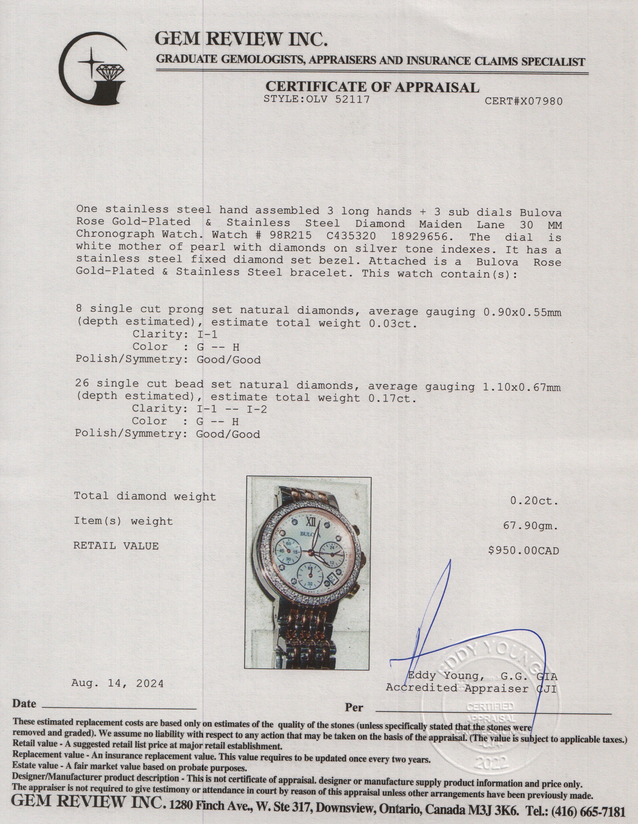 Bulova Rose Gold-Plated & Stainless Steel Diamond Maiden Lane 30 MM Chronograph Watch 98R215