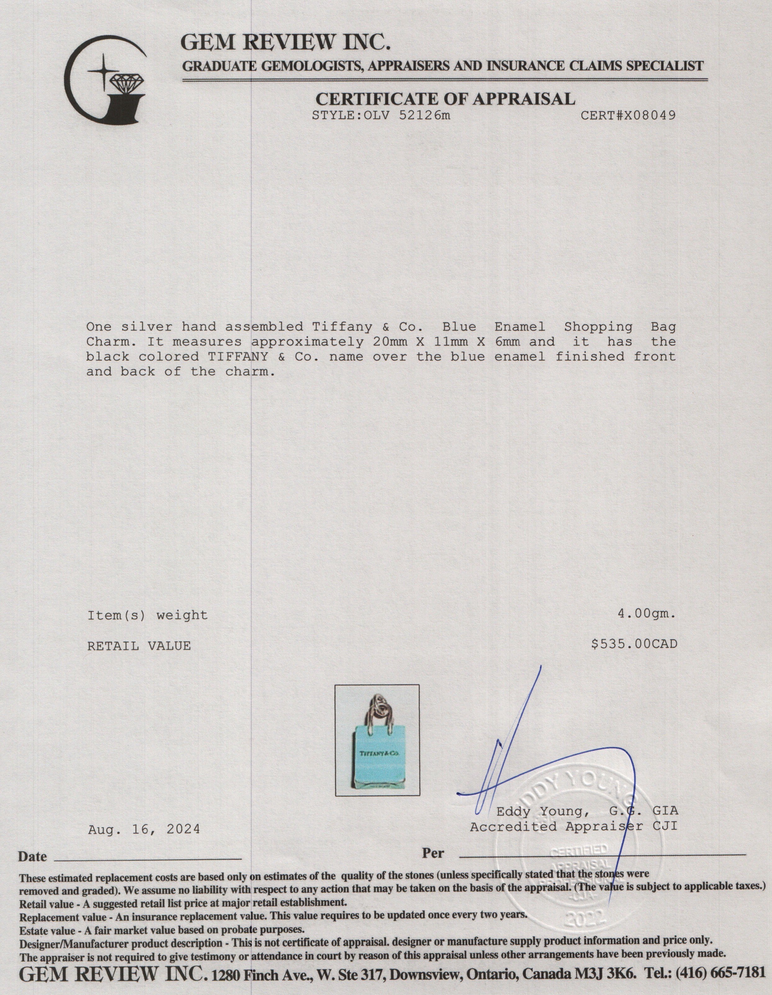 Tiffany & Co. Sterling Silver Blue Enamel Shopping Bag Charm