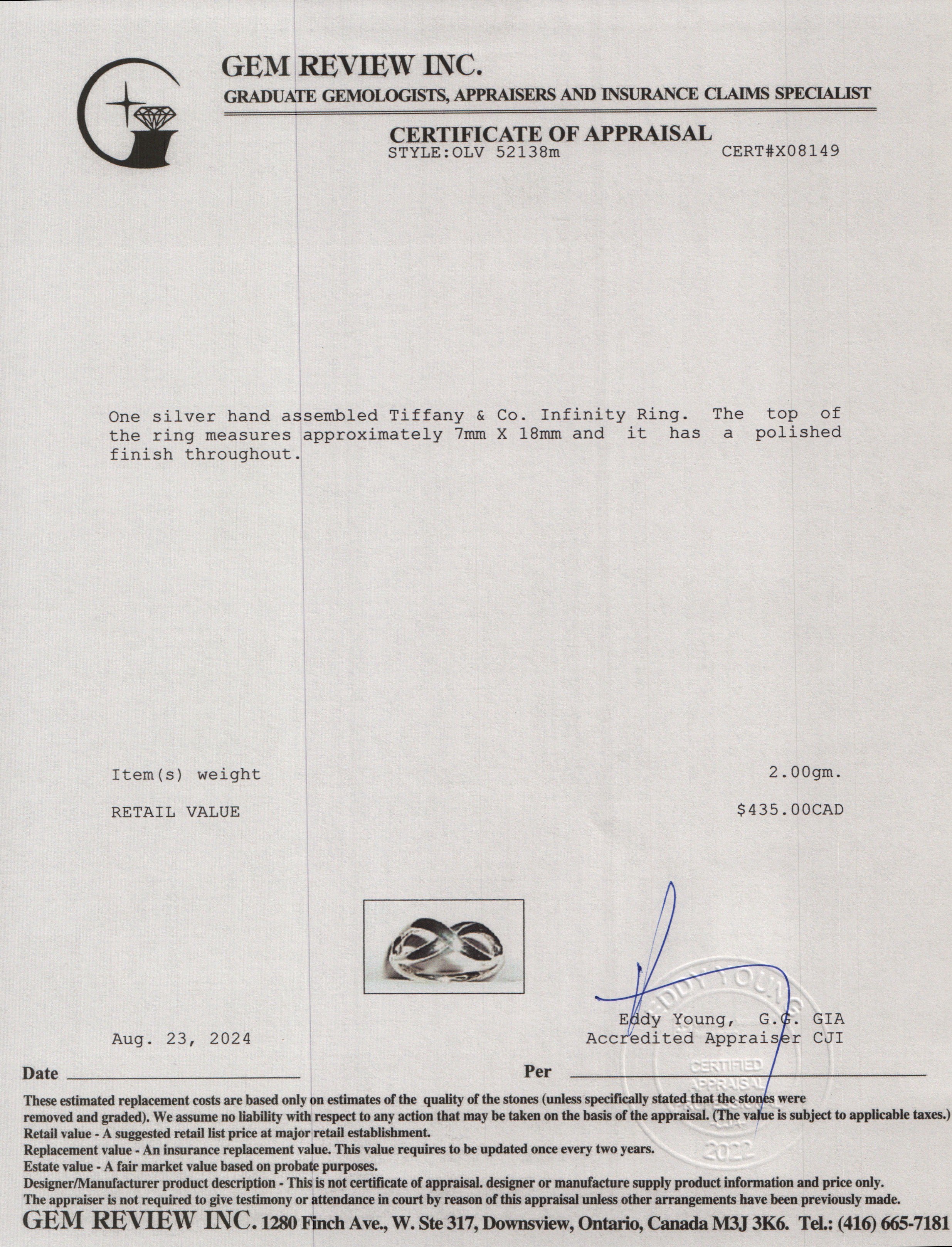 Tiffany & Co. Sterling Silver Infinity Ring, Size 5