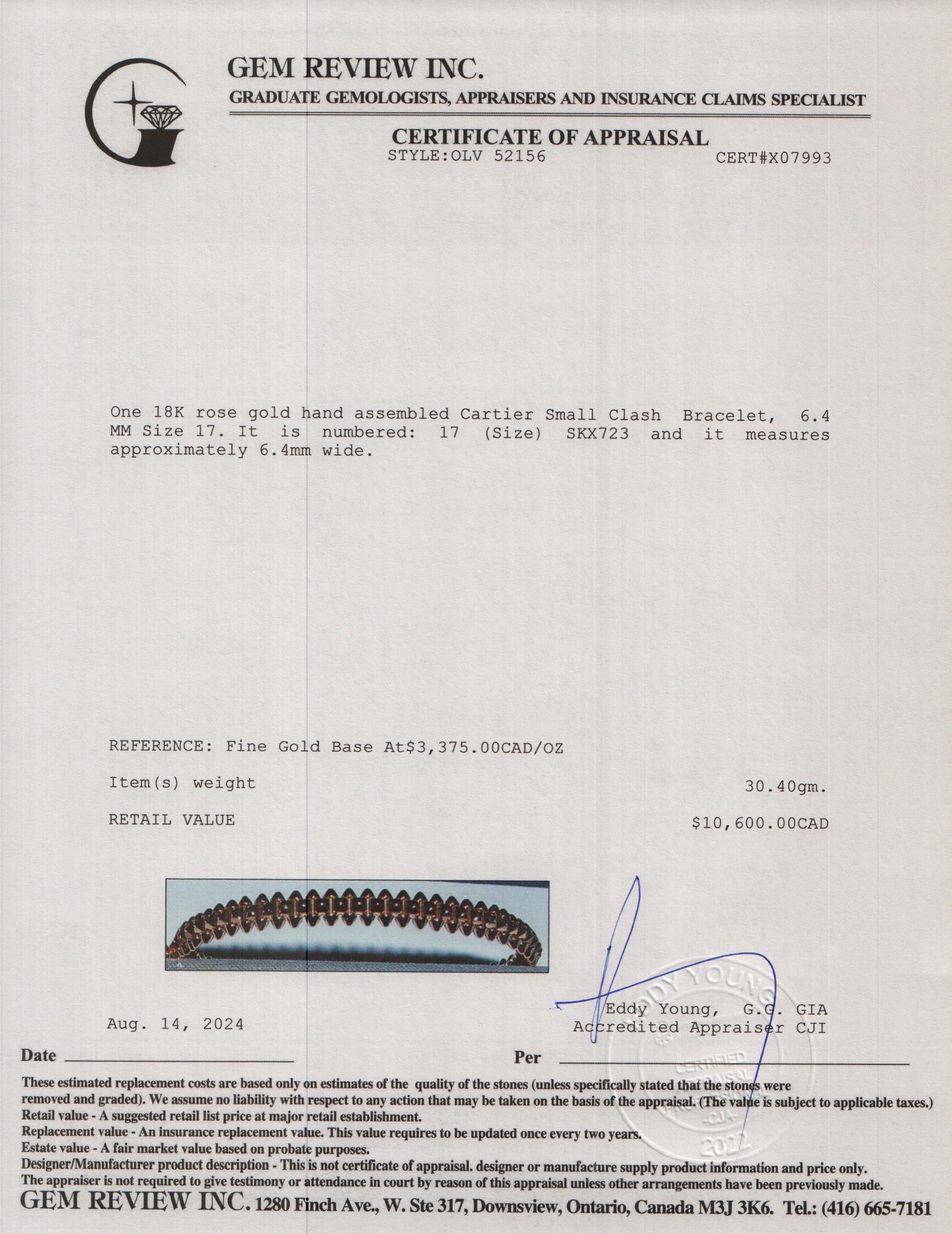 Cartier 2023 18k Rose Gold Small Clash Bracelet, 6.4 MM Size 17 w/ Box & Certificate