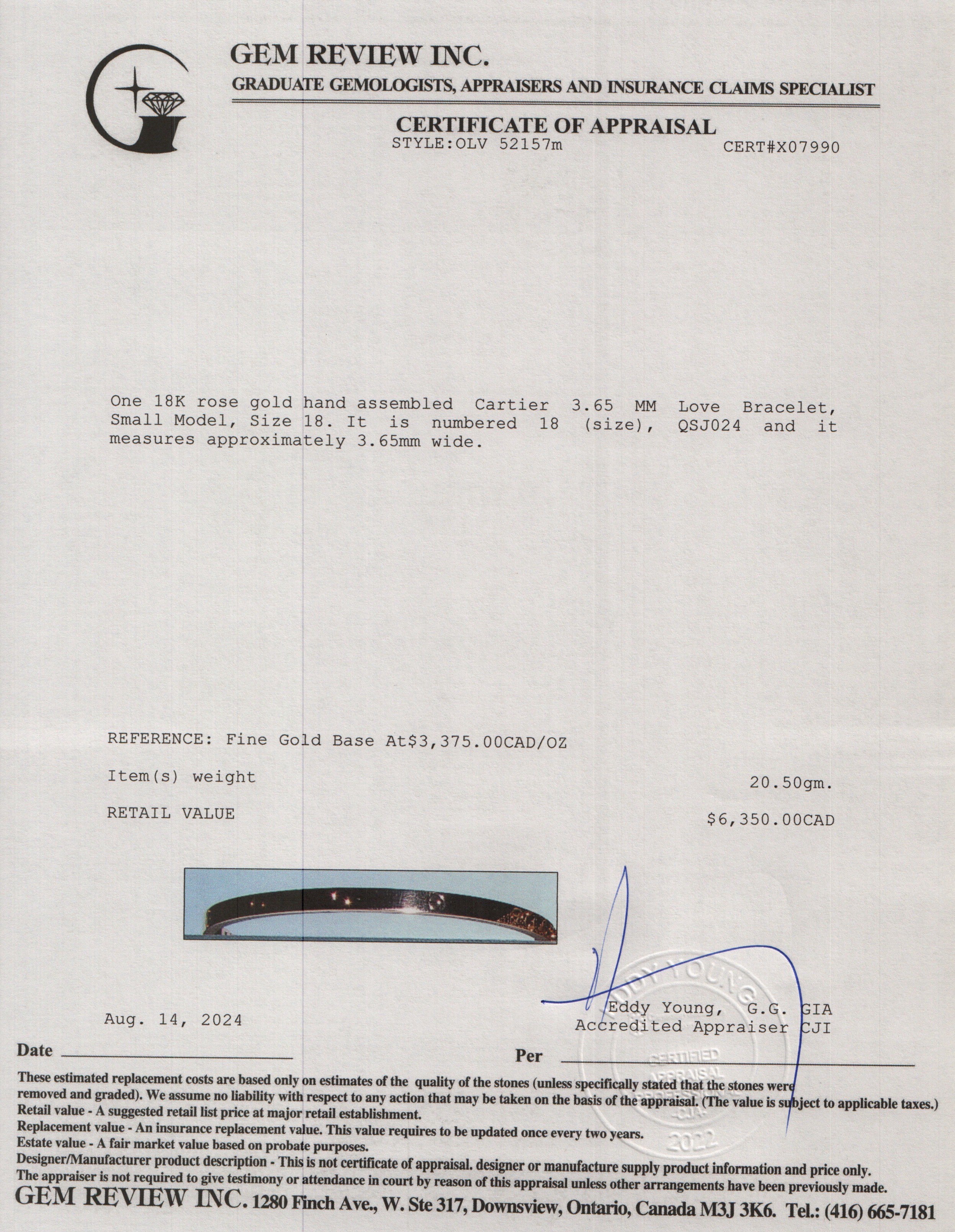 Cartier 2023 18k Rose Gold 3.65 MM Love Bracelet, Small Model, Size 18 w/ Box & Certificate