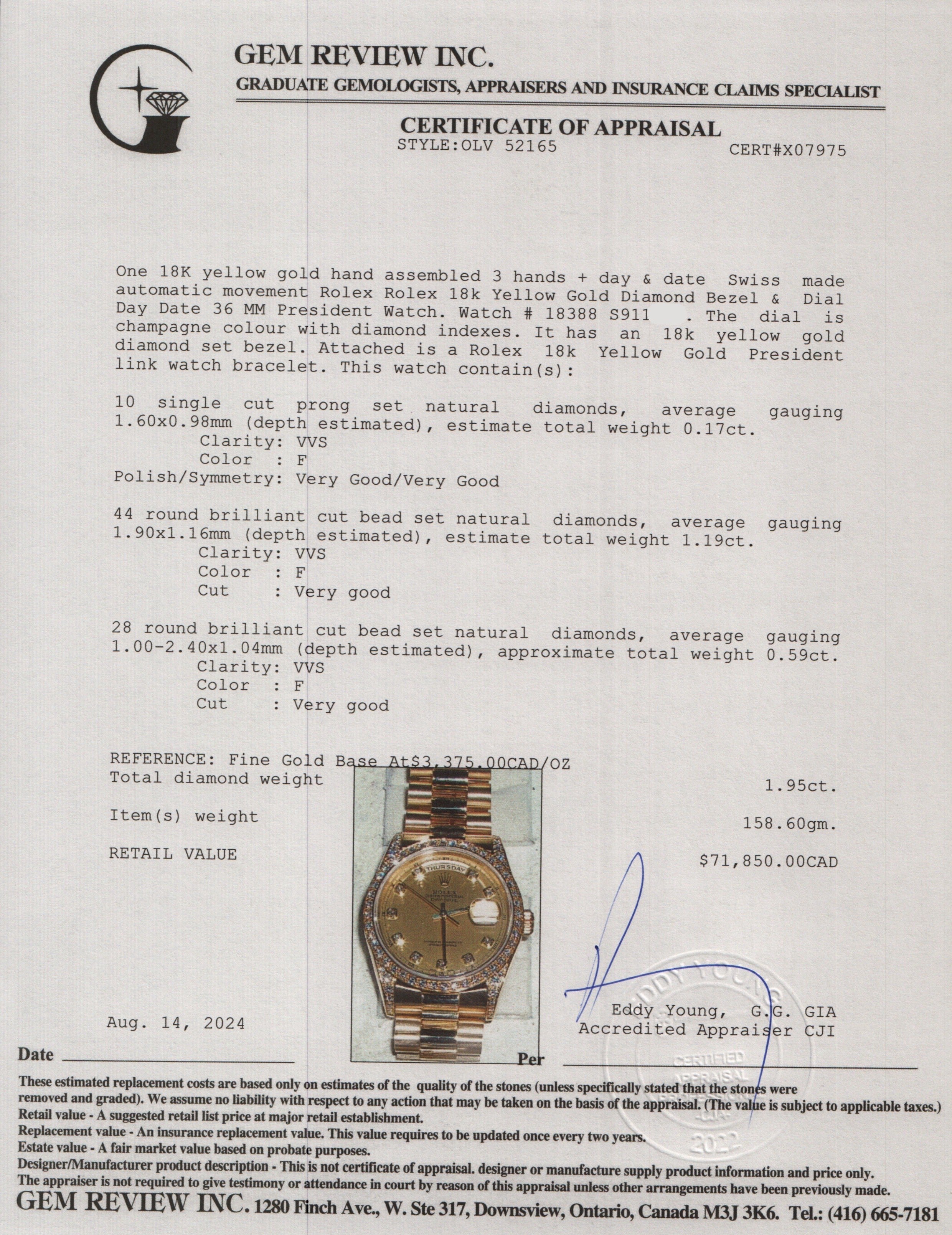 Rolex 18k Yellow Gold Diamond Bezel & Dial Day Date 36 MM President Watch 18388 w/ Box