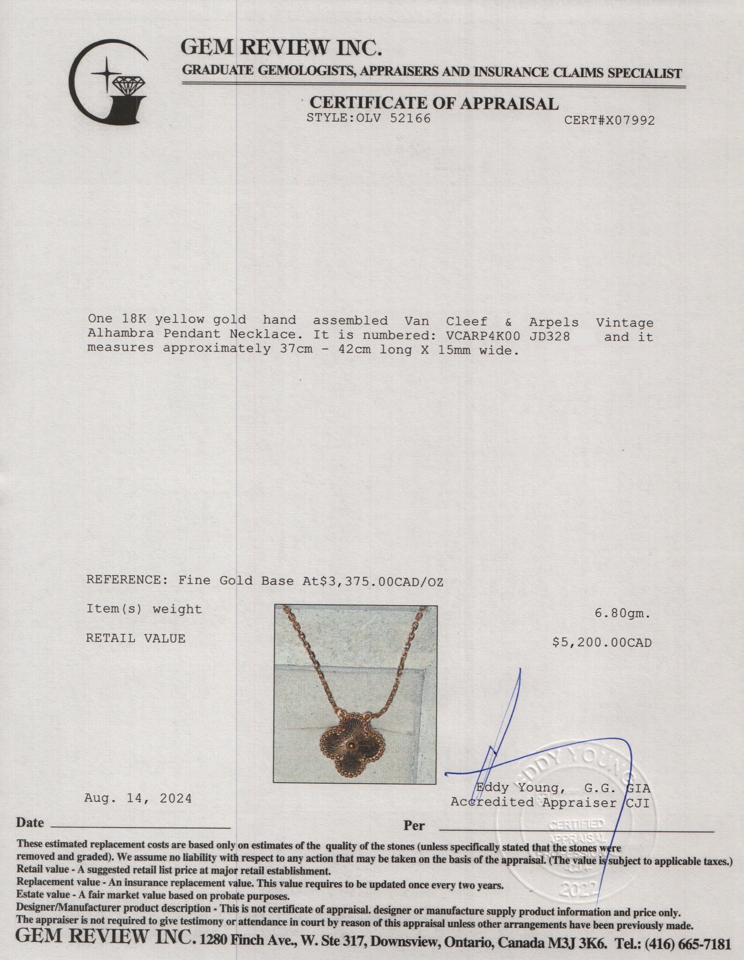 Van Cleef & Arpels 2022 18k Yellow Gold Vintage Alhambra Pendant Necklace w/ Pouch & Certificate