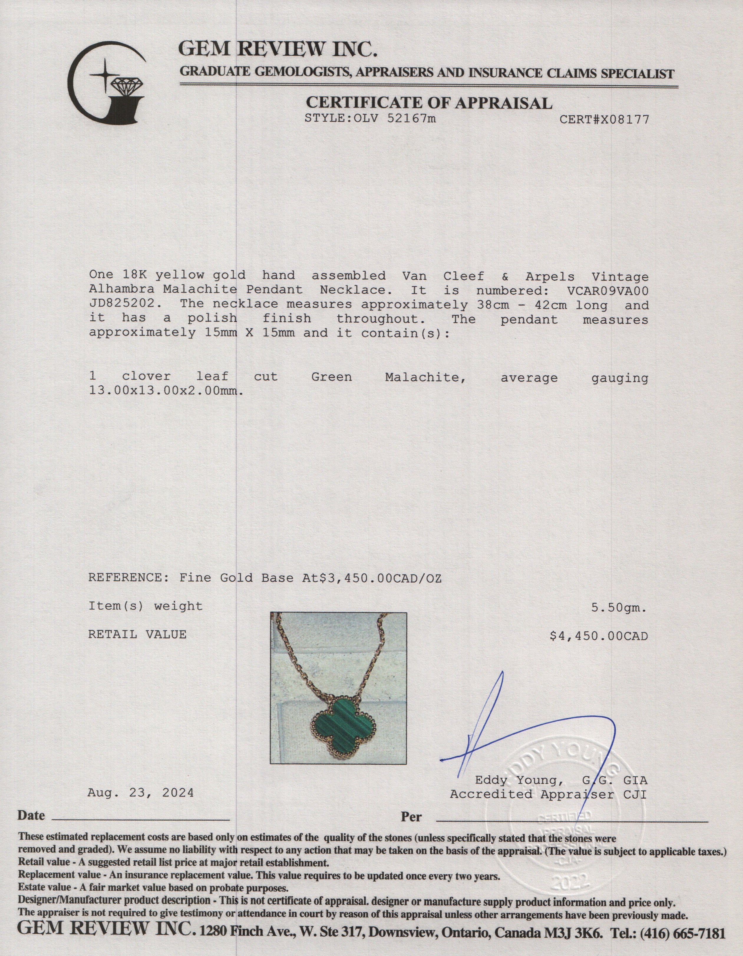 Van Cleef & Arpels 2022 18k Yellow Gold Vintage Alhambra Malachite Pendant Necklace w/ Box & Certificate