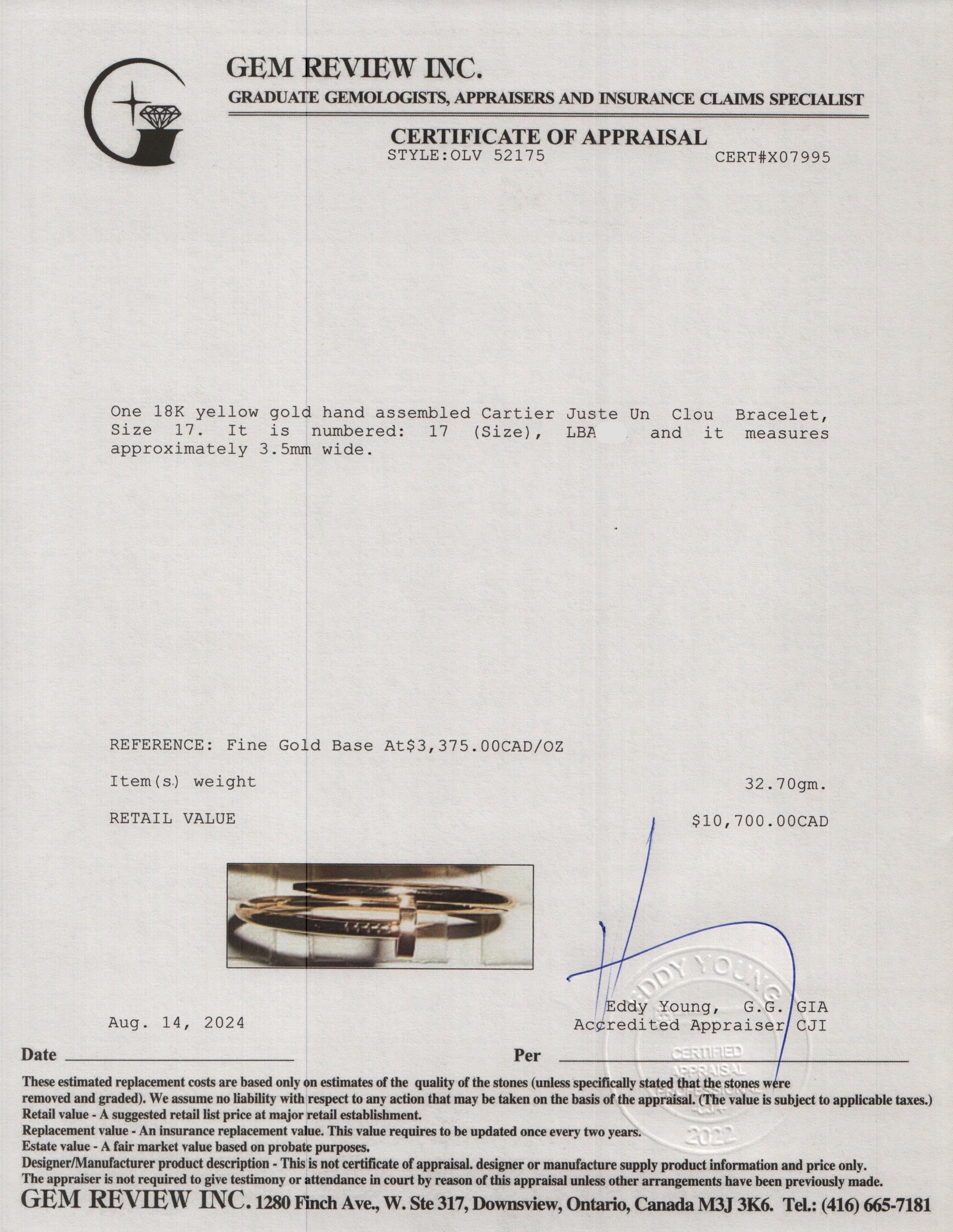 Cartier 2022 18k Yellow Gold Juste Un Clou Bracelet, Size 17 w/ Box, Certificate & Receipt