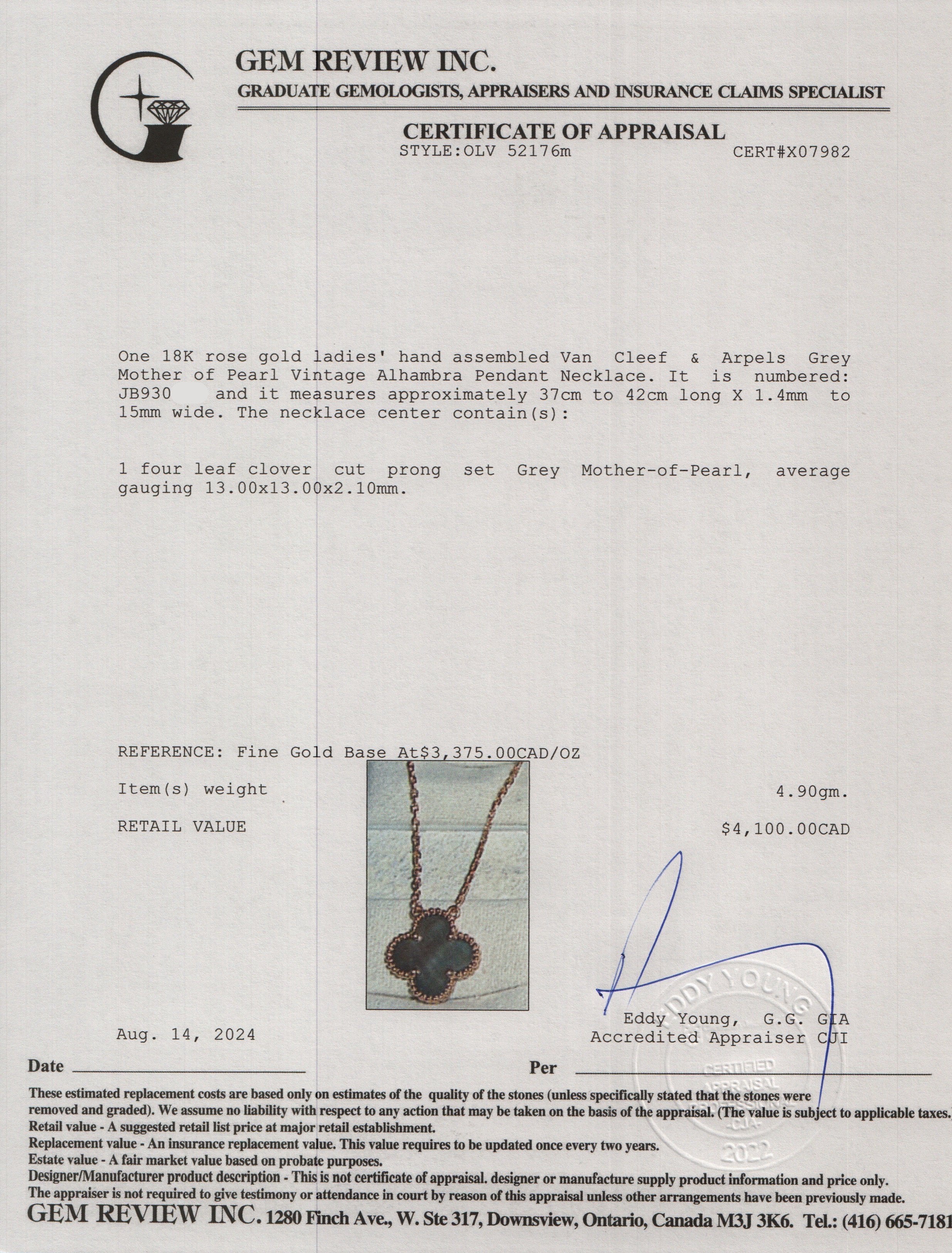 Van Cleef & Arpels 18k Rose Gold Grey Mother of Pearl Vintage Alhambra Pendant Necklace w/ Box & Certificate