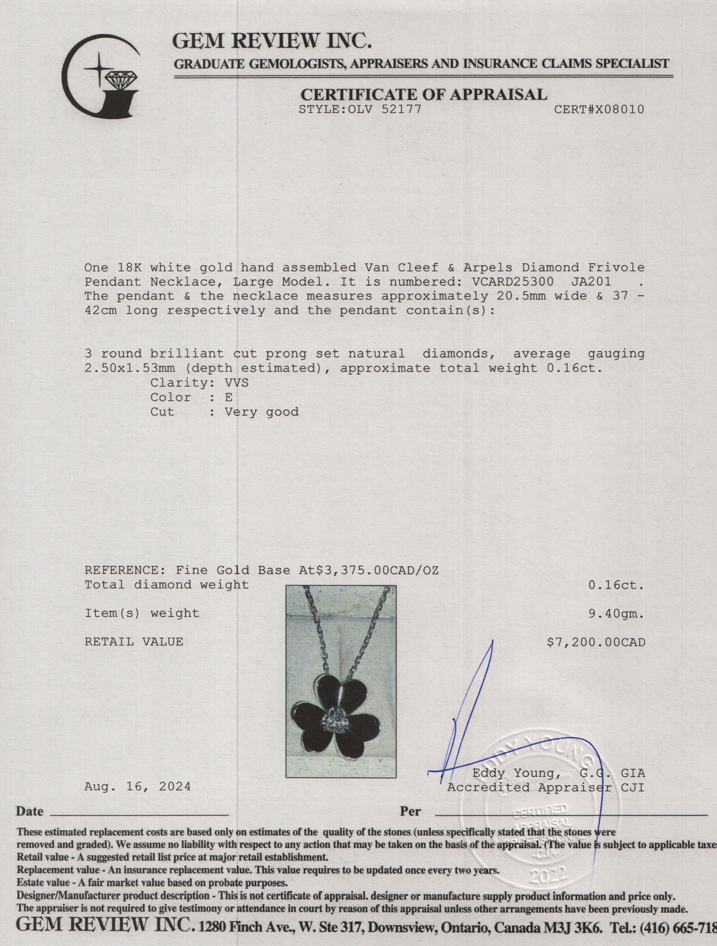 Van Cleef & Arpels 18k White Gold Diamond Frivole Pendant Necklace, Large Model w/ Pouch & Certificate
