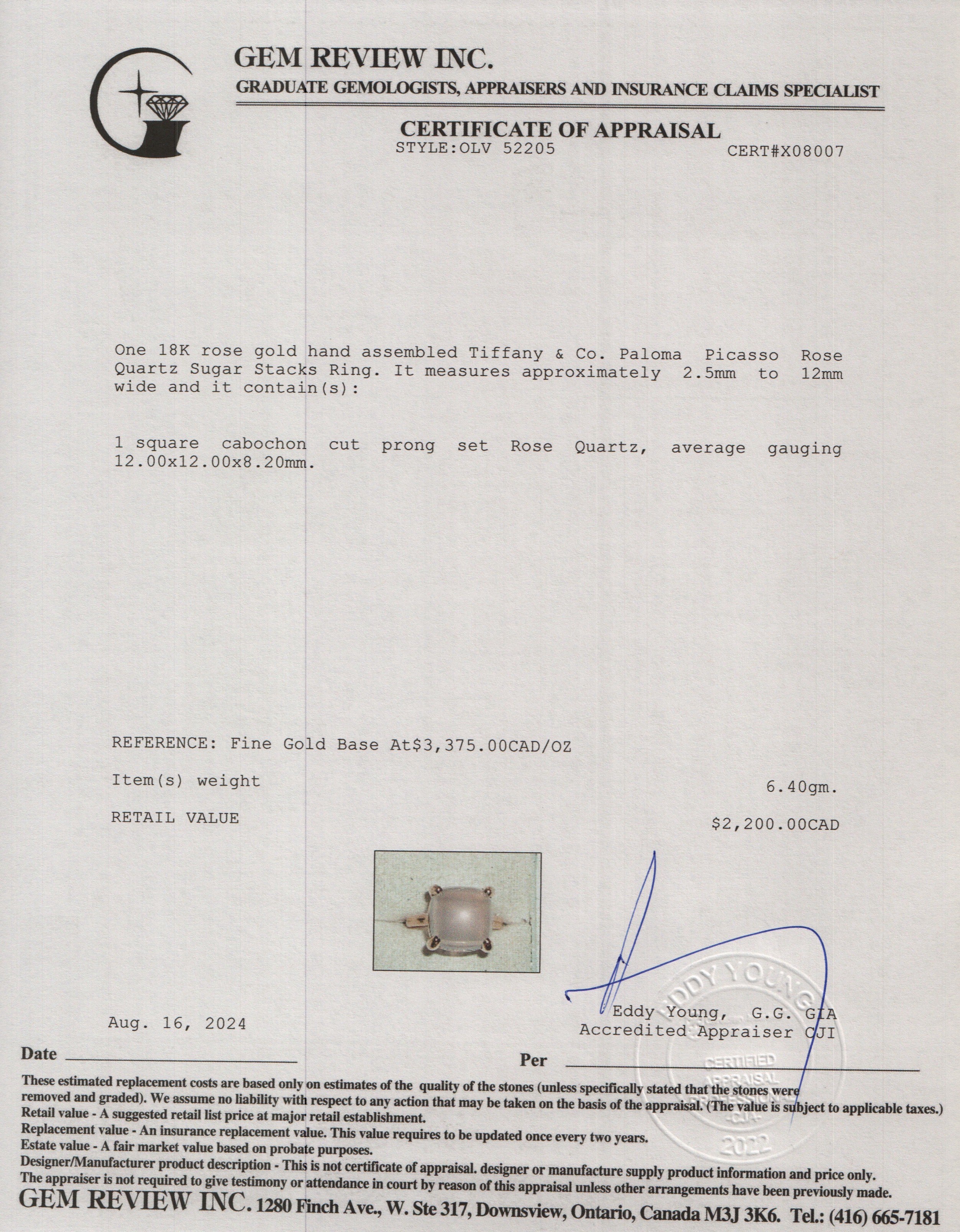 Tiffany & Co. Paloma Picasso 18k Rose Gold Rose Quartz Sugar Stacks Ring, Size 6