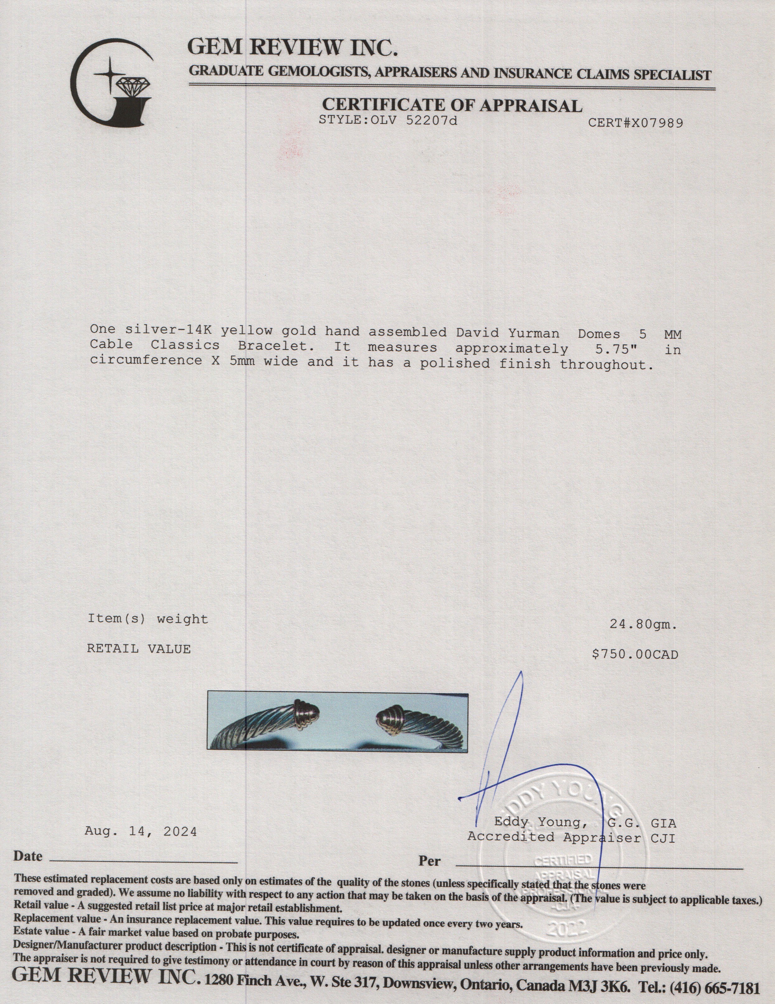 David Yurman Sterling Silver & 14k Yellow Gold Domes 5 MM Cable Classics Bracelet