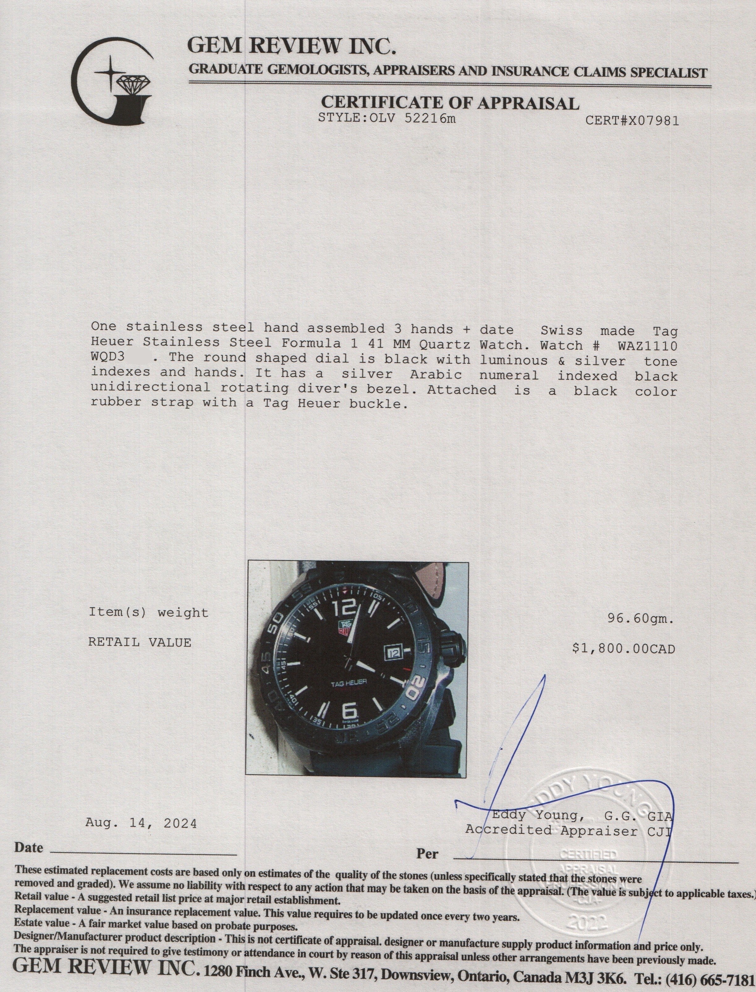 Tag Heuer Stainless Steel Formula 1 41 MM Quartz Watch WAZ1110 w/ Box & Papers