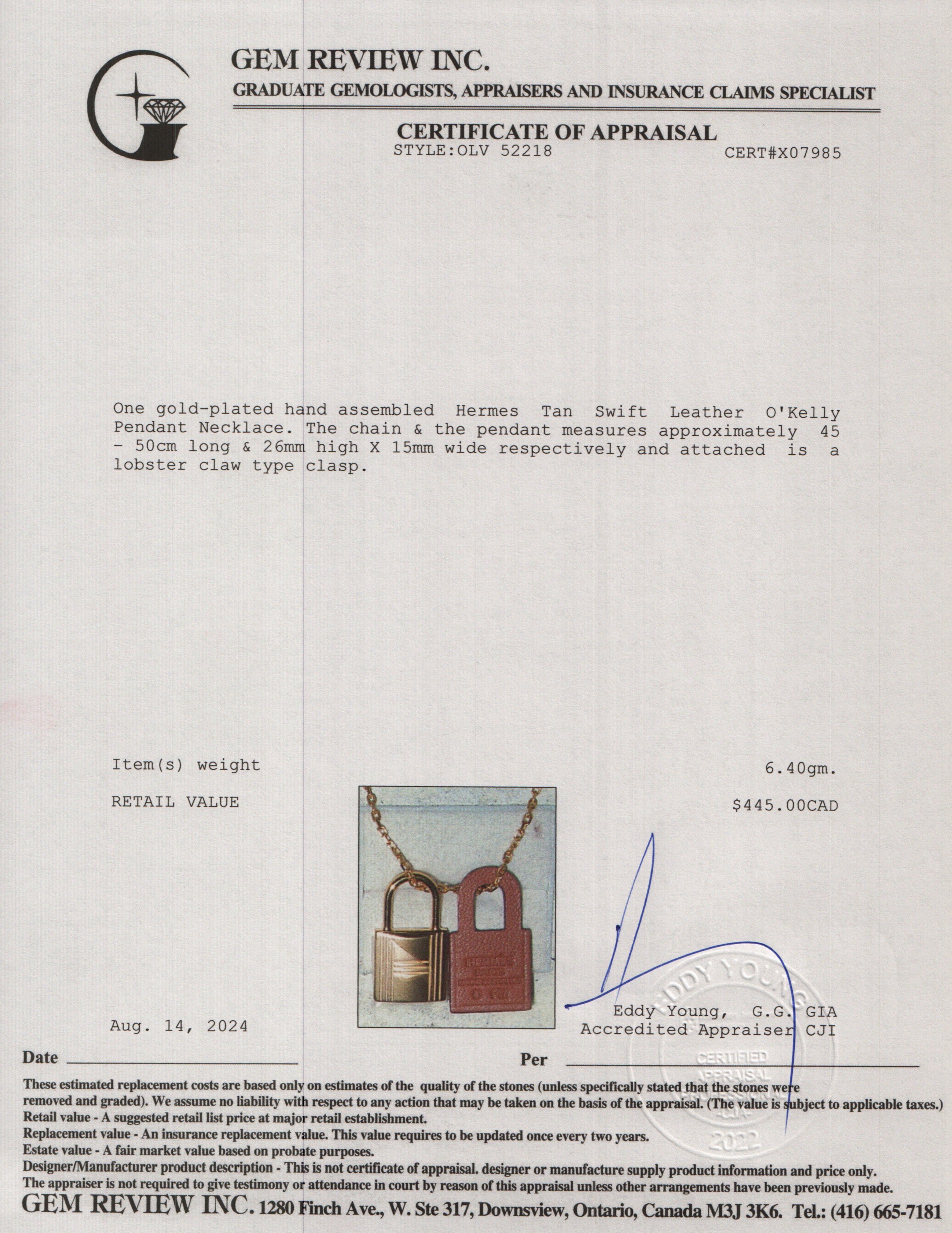 Hermes Gold-Plated Tan Swift Leather O'Kelly Pendant Necklace w/ Box