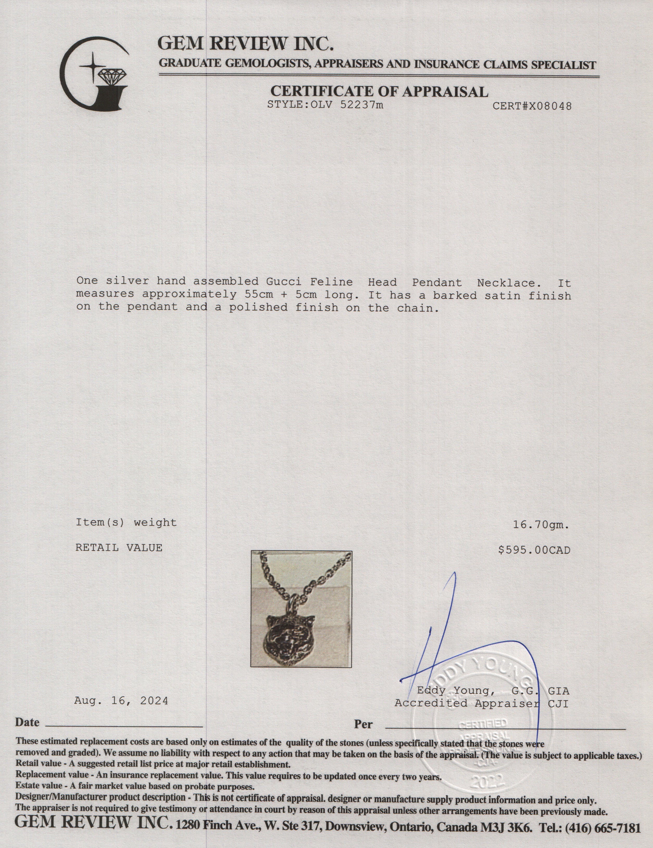 Gucci Sterling Silver Feline Head Pendant Necklace w/ Box