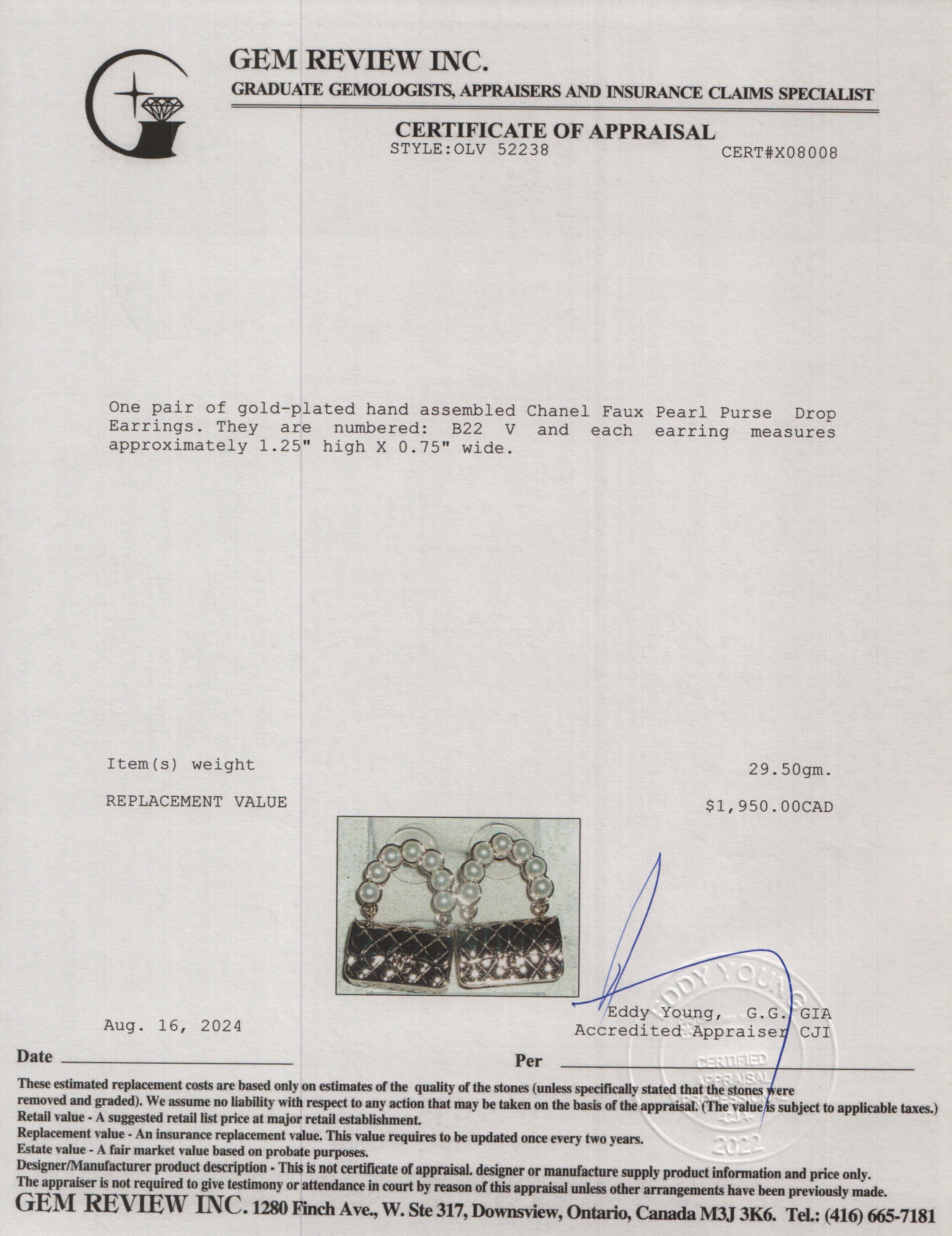 Chanel 2022 Gold Plated Faux Pearl Purse Drop Earrings w/ Box