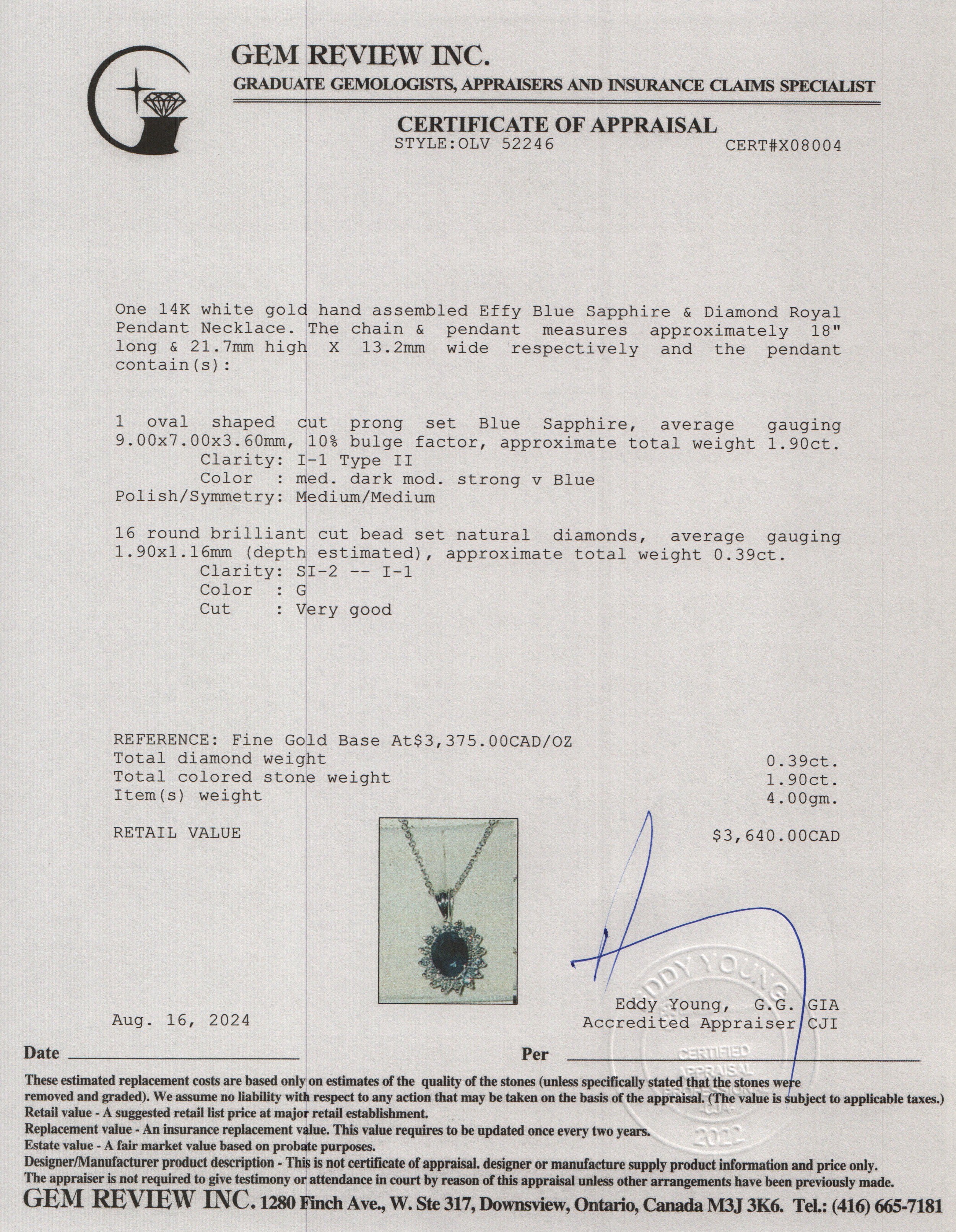 Effy 14k White Gold Blue Sapphire & Diamond Royal Pendant Necklace w/ Box