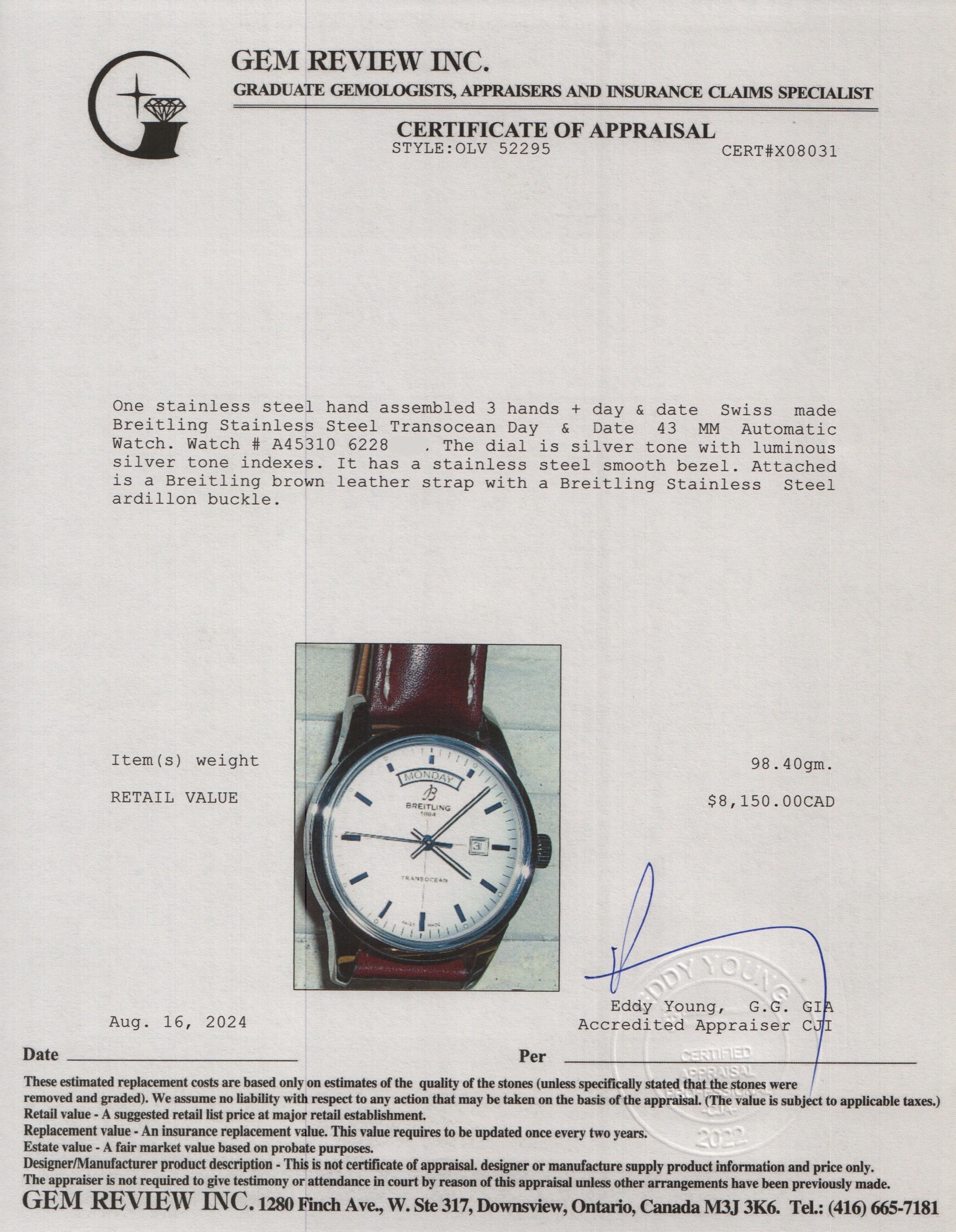 Breitling Stainless Steel Transocean Day & Date 43 MM Automatic Watch A45310 w/ Box & Papers