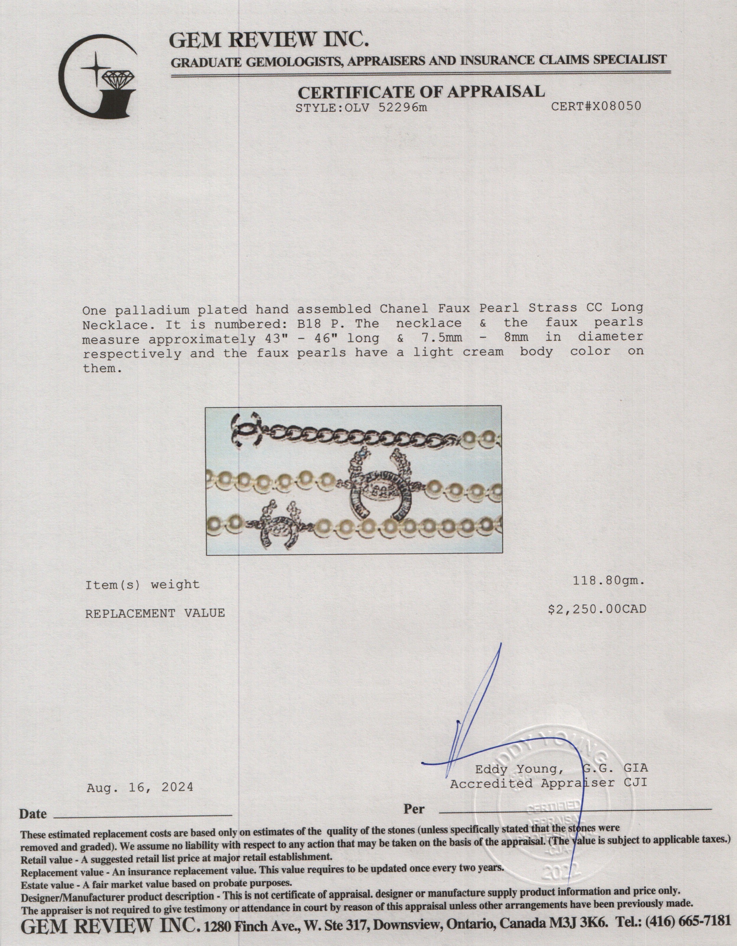 Chanel Palladium-Plated Faux Pearl Strass CC Long Necklace w/ Box