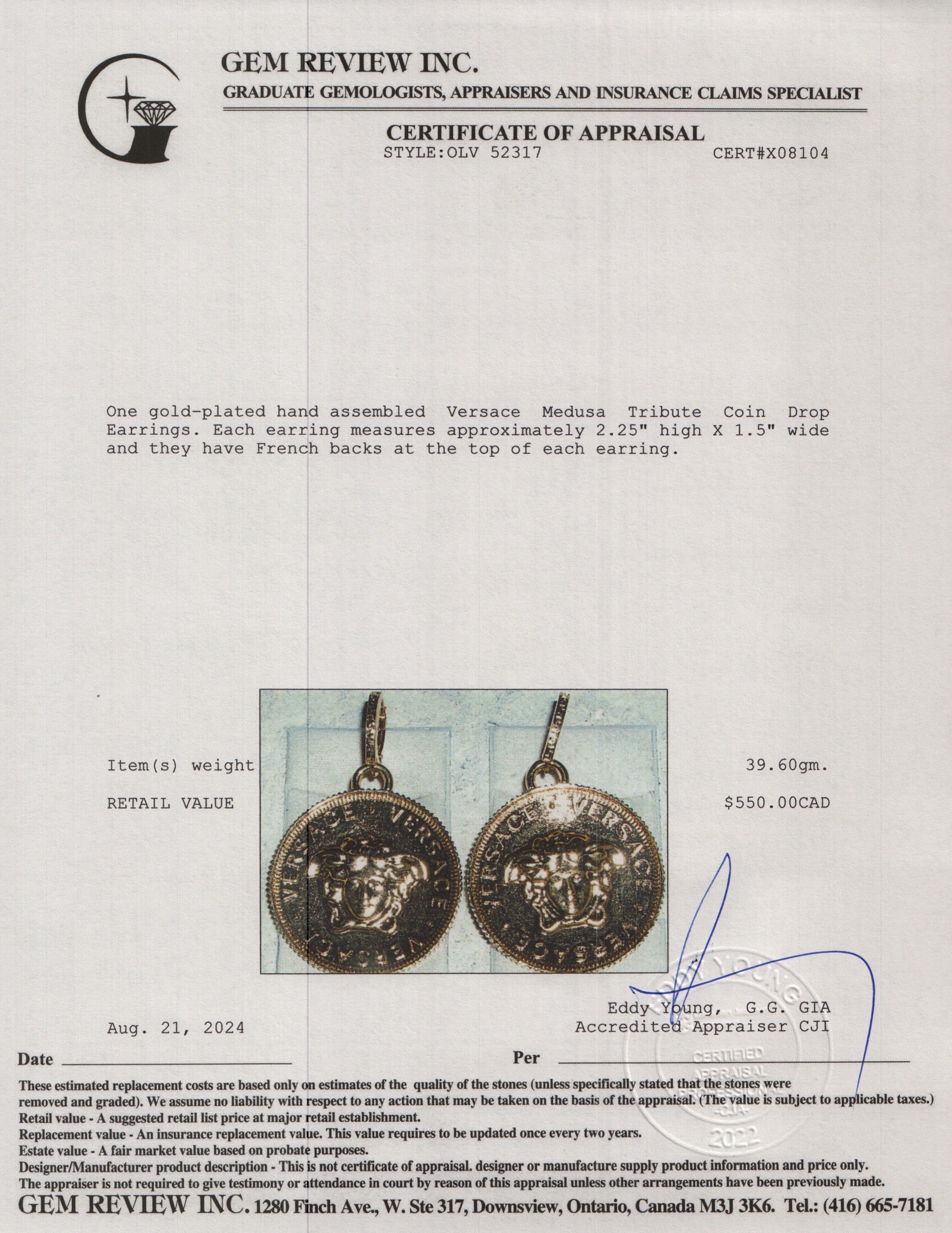 Versace Gold Plated Medusa Tribute Coin Drop Earrings w/ Box