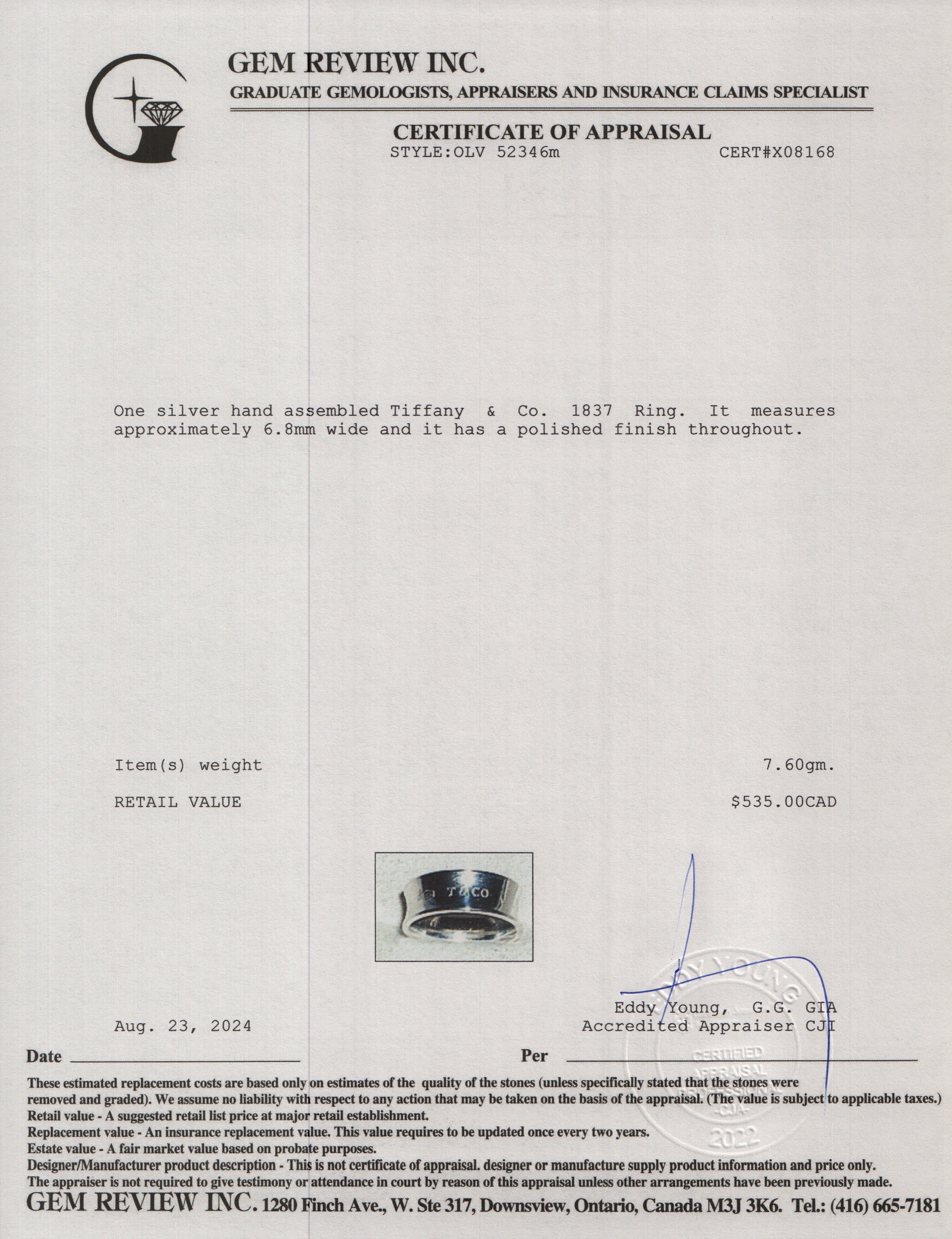 Tiffany & Co. Sterling Silver 1837 Ring, Size 6.25