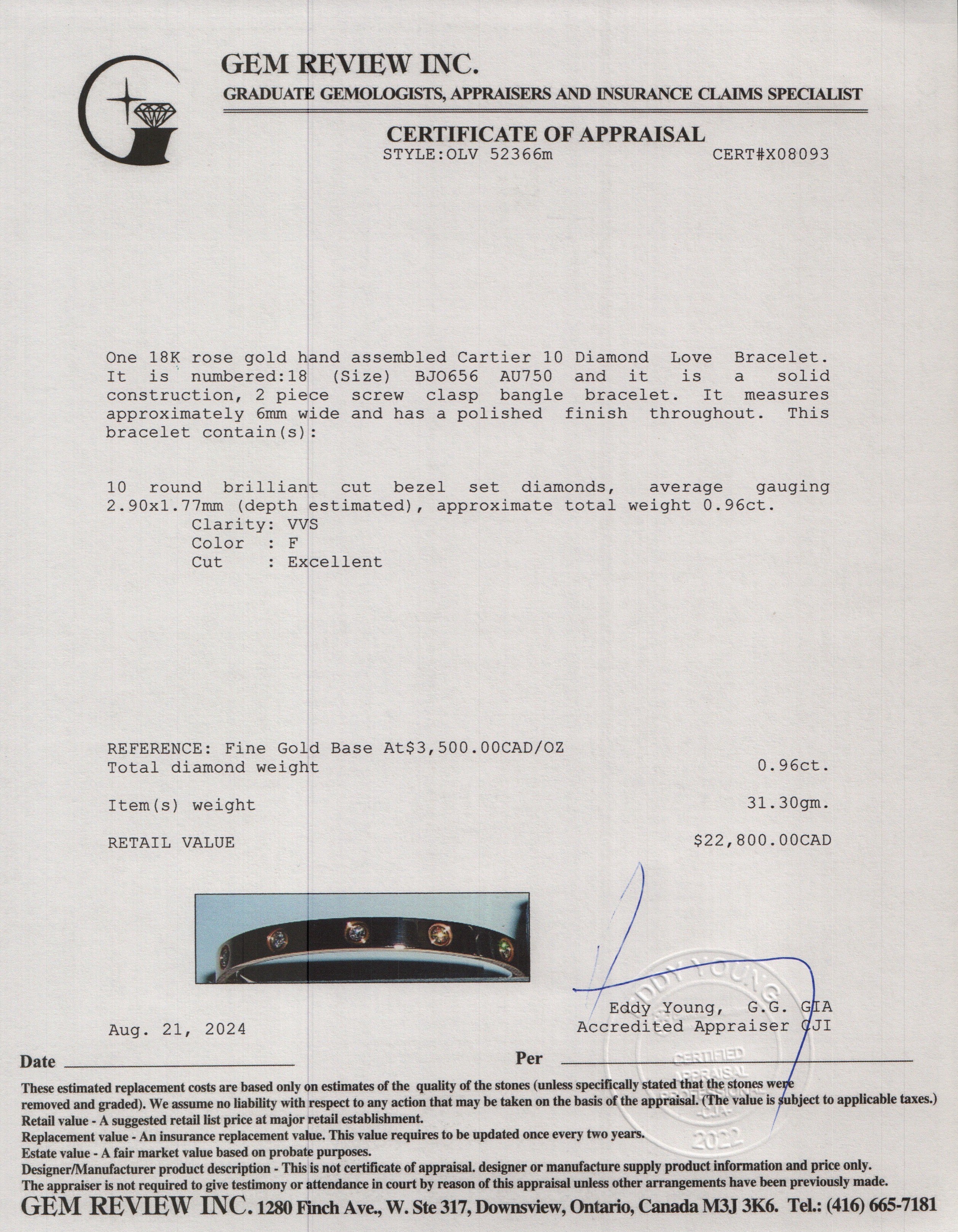 Cartier 18k Yellow Gold 10 Diamond Love Bracelet, Size 18 w/ Box & Certificate