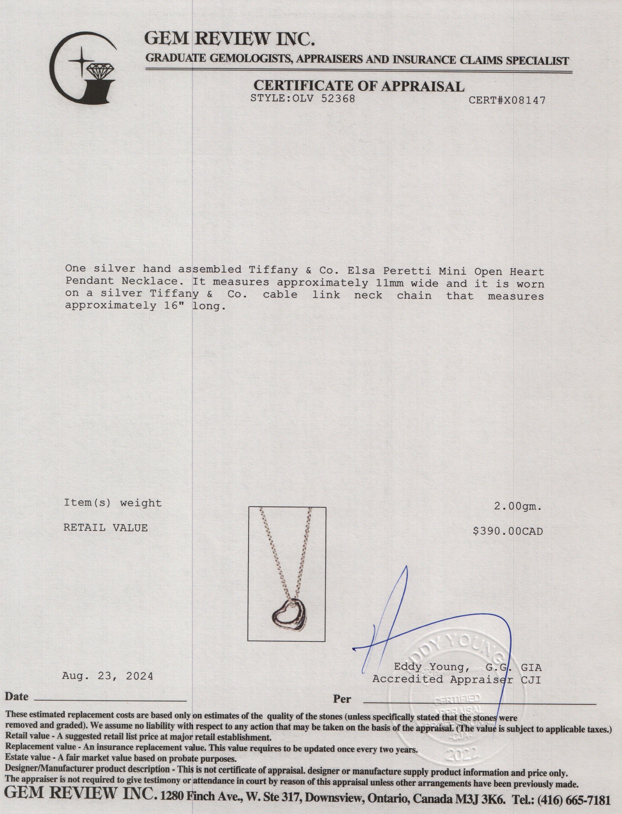 Tiffany & Co. Elsa Peretti Mini Open Heart Pendant Necklace, 11 MM