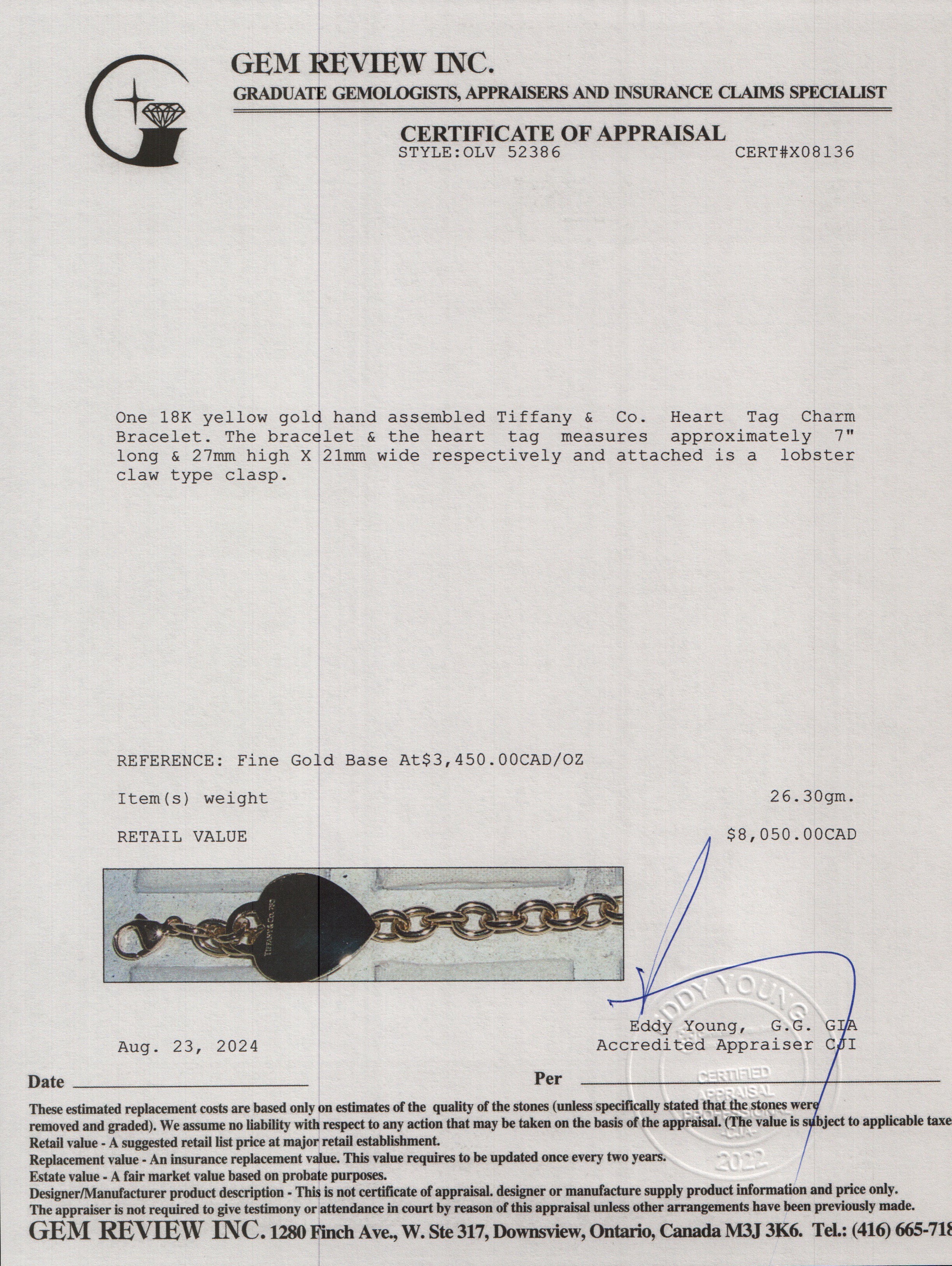Tiffany & Co. 18k Yellow Gold Heart Tag Charm Bracelet w/ Box