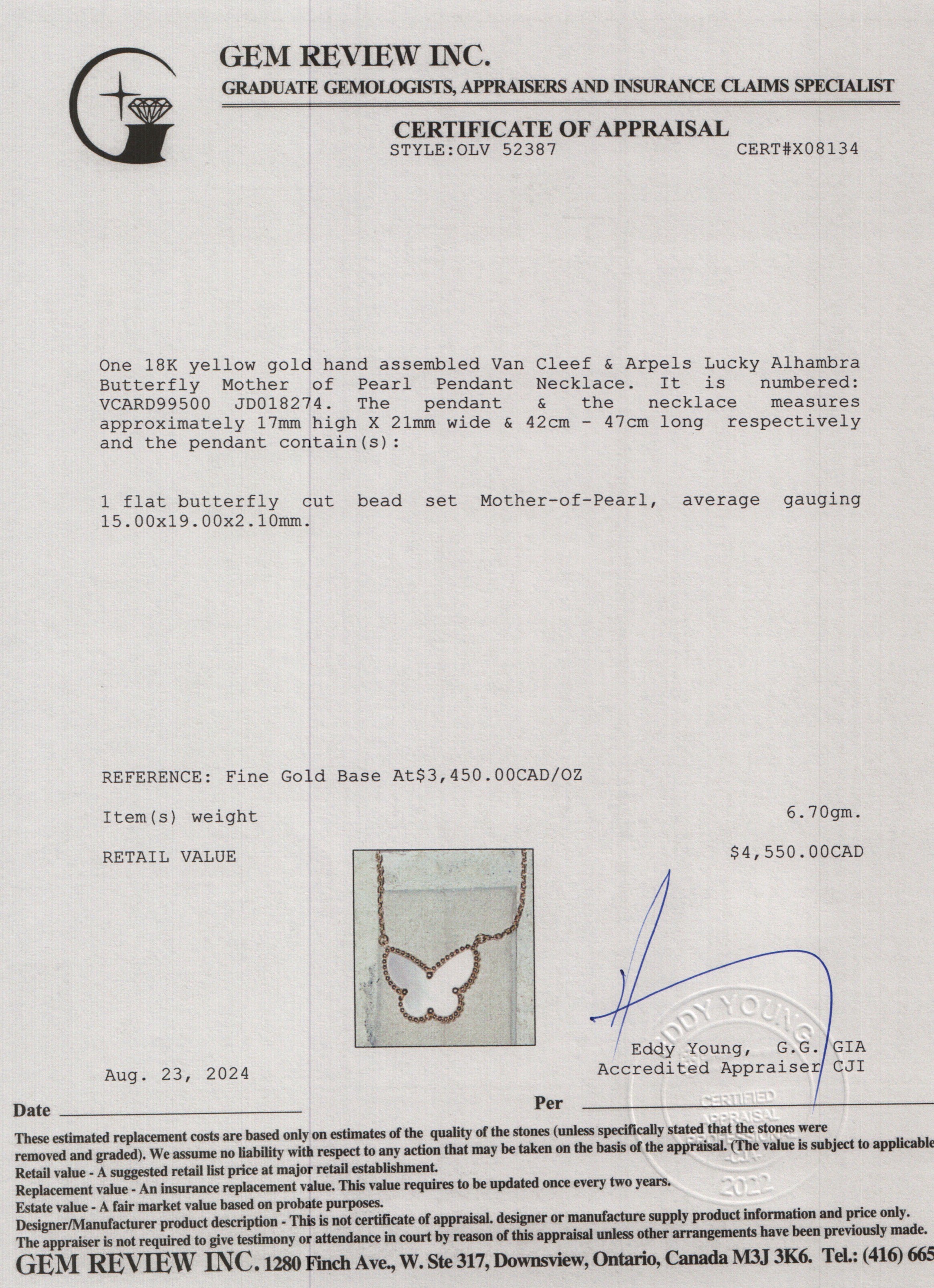 Van Cleef & Arpels 18k Yellow Gold Lucky Alhambra Butterfly Mother of Pearl Pendant Necklace w/ Box