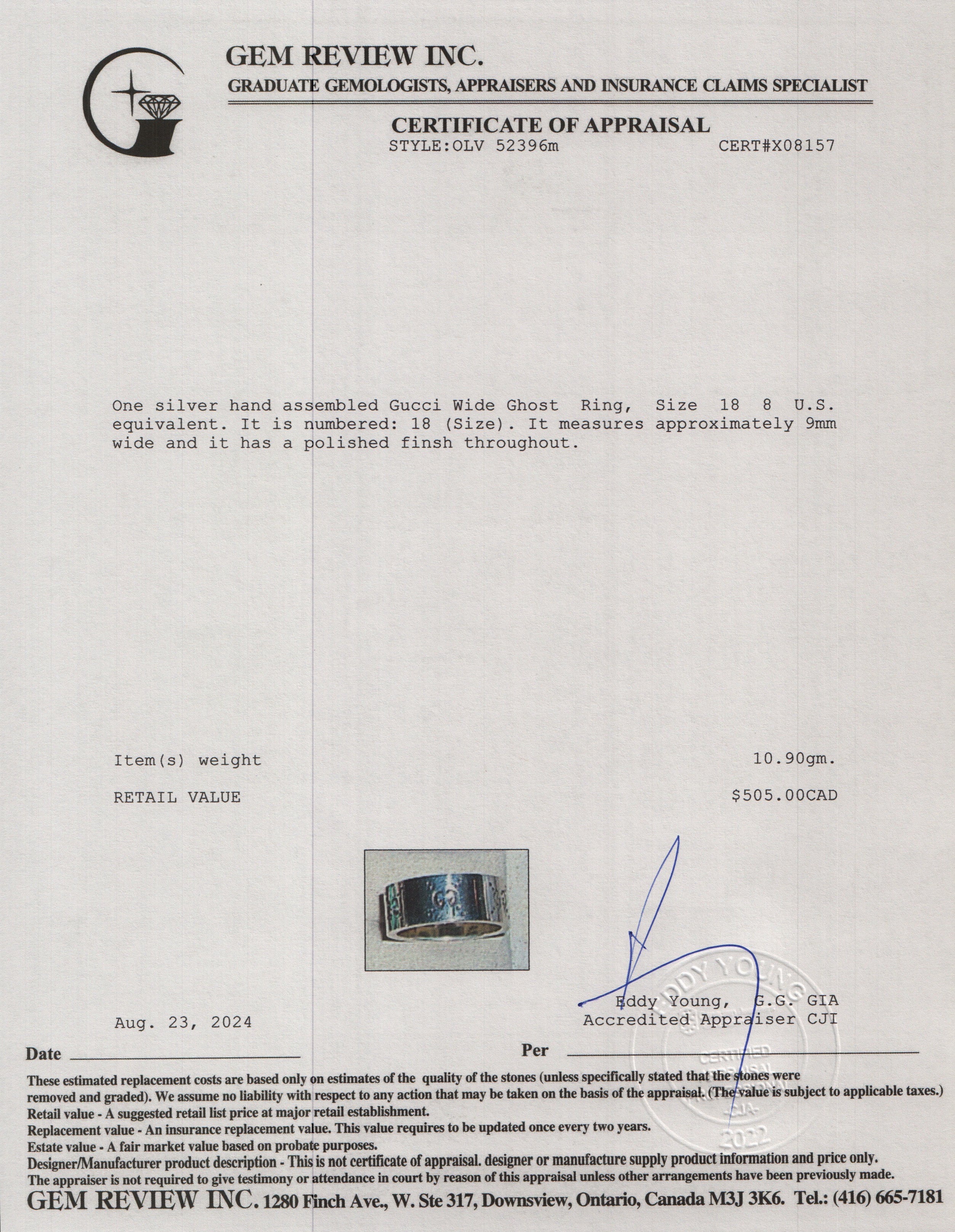 Gucci Sterling Silver Wide 9MM Ghost Ring, Size 18 8