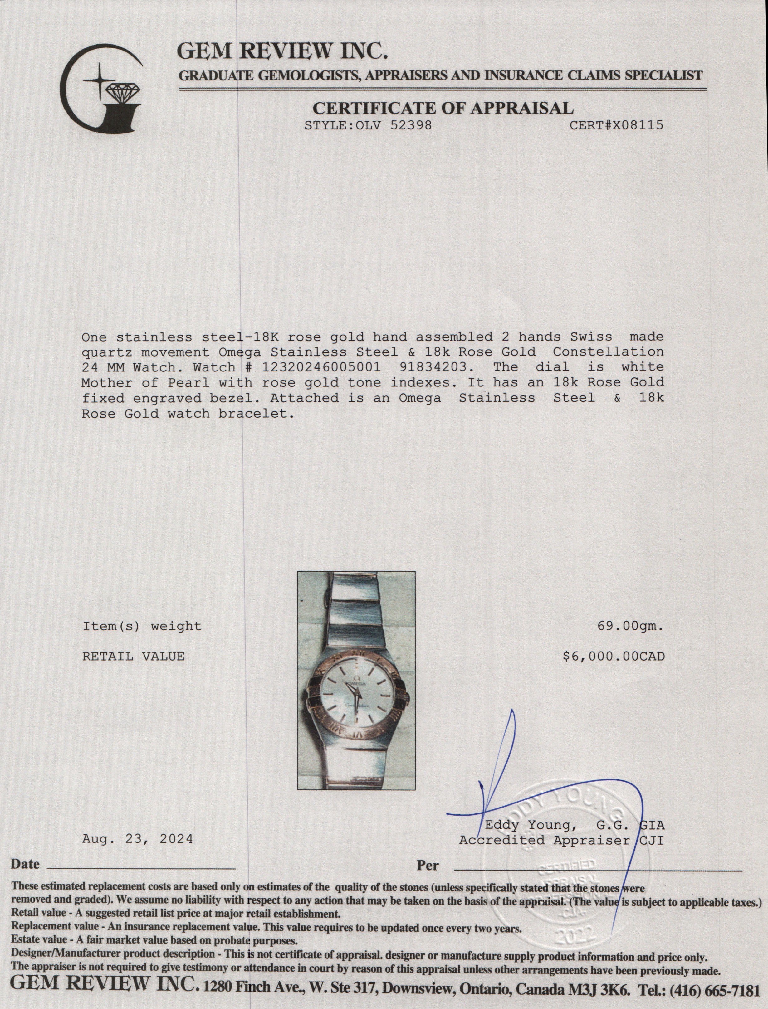 Omega Stainless Steel & 18k Rose Gold Mother of Pearl Dial Constellation 24 MM Watch w/ Papers