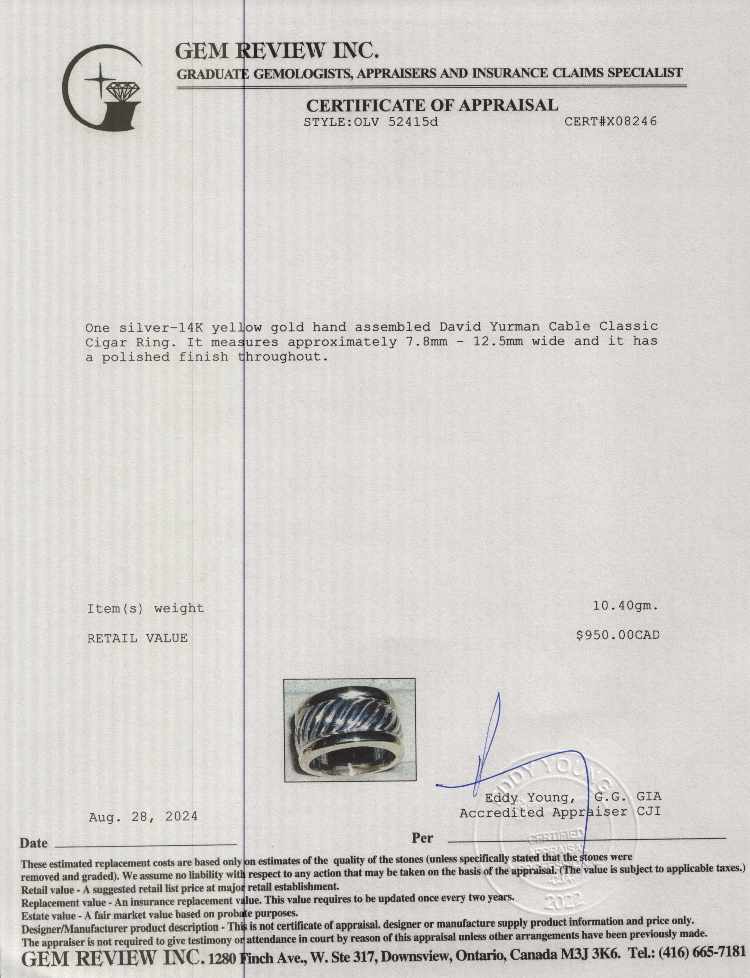 David Yurman Sterling Silver & 14k Yellow Gold Cable Classic Cigar Ring, Size 6