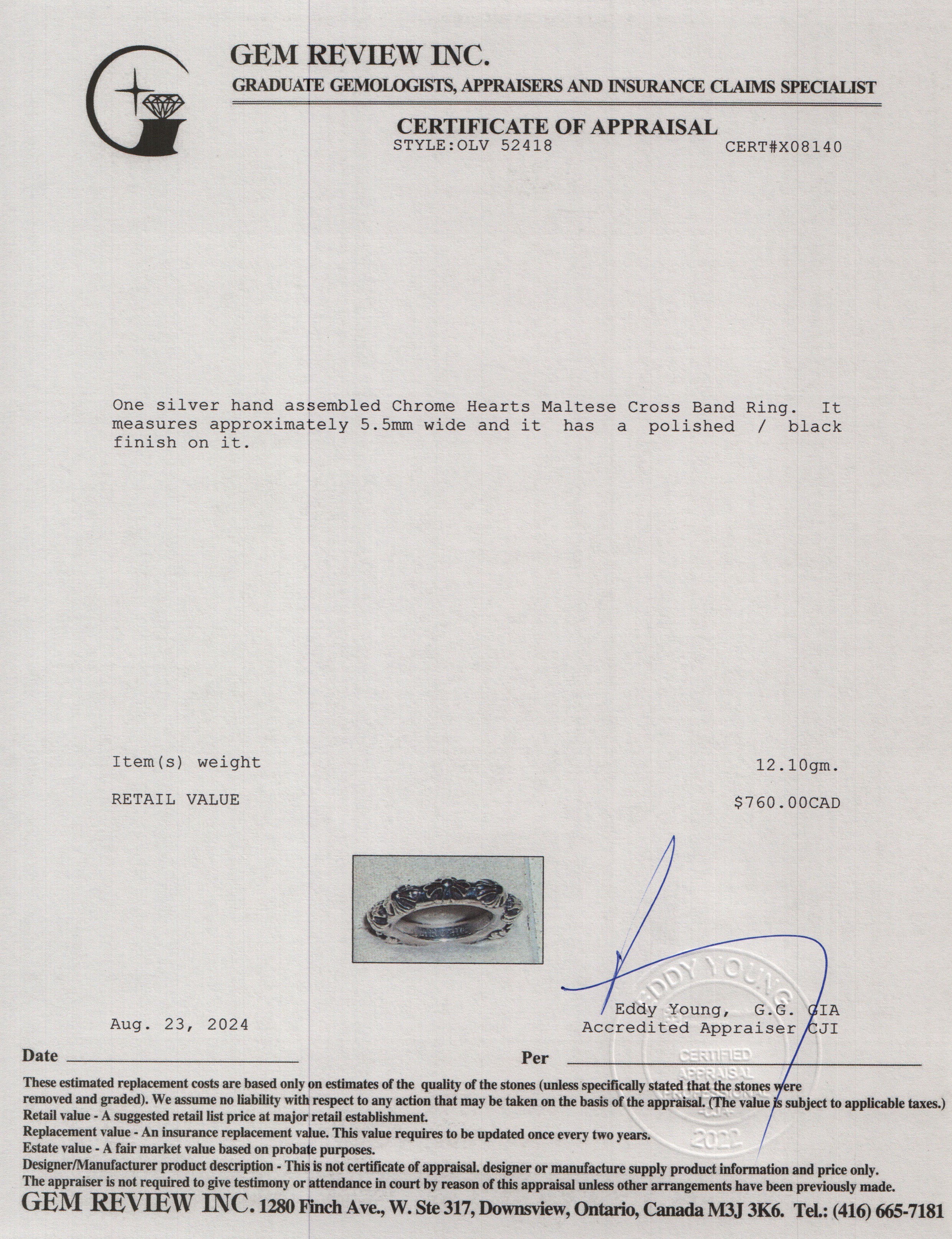 Chrome Hearts Sterling Silver Maltese Cross Band Ring, Size 7