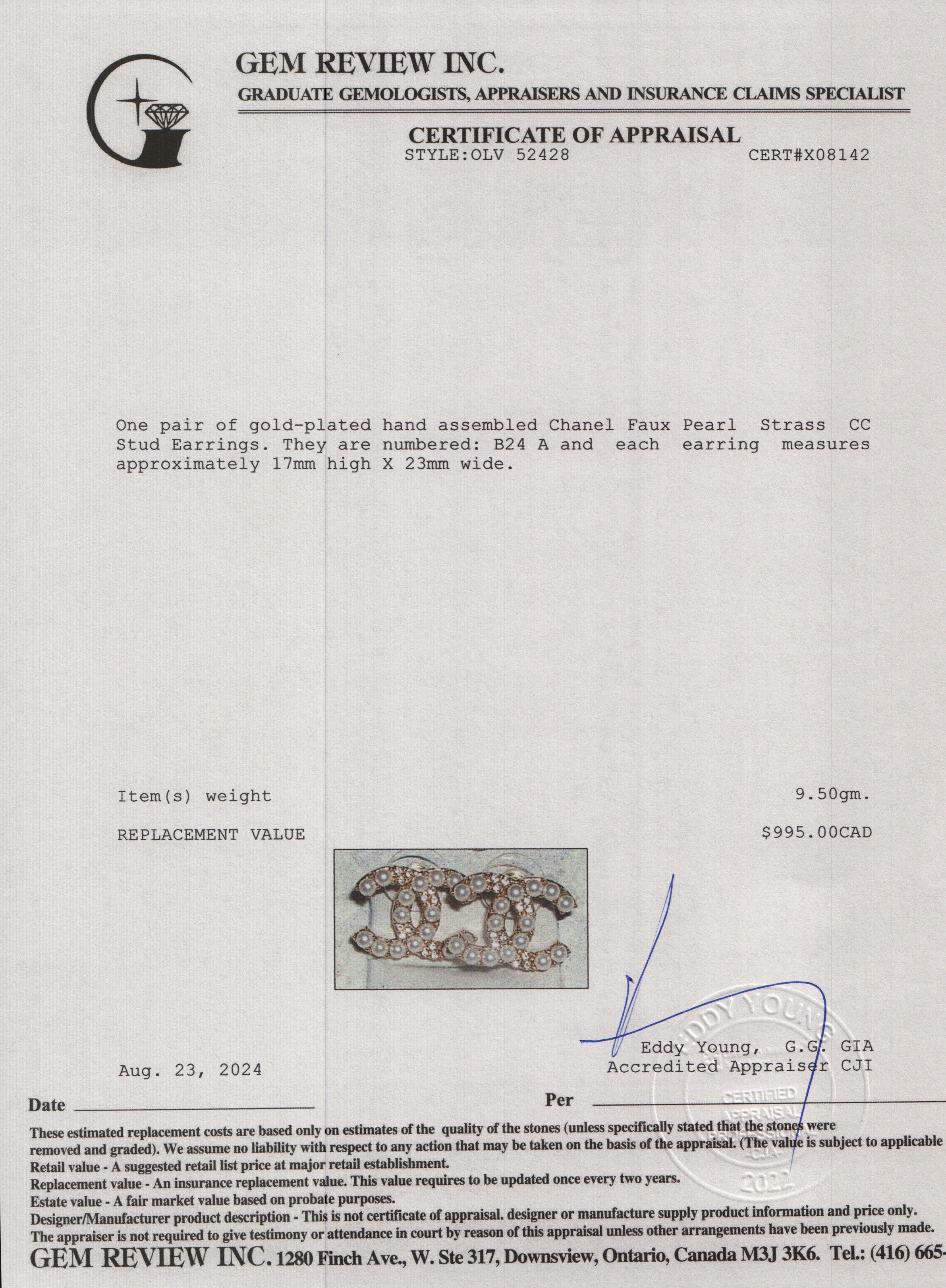 Chanel 2024 Gold Plated Faux Pearl Strass CC Stud Earrings w/ Box