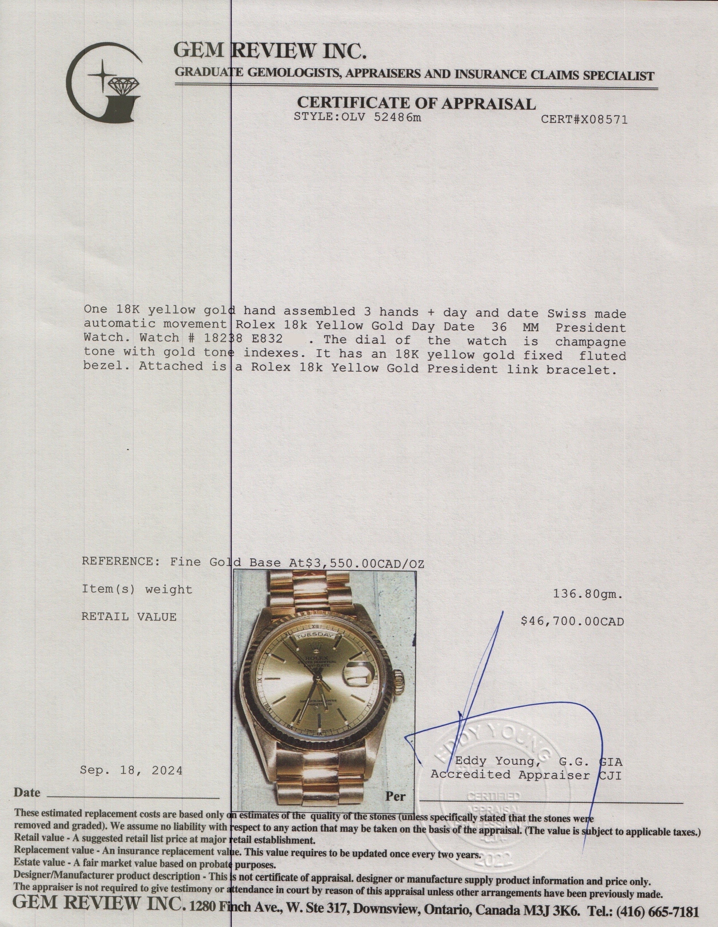 Rolex 18k Yellow Gold Day Date 36 MM President Watch 18238 w/ Box