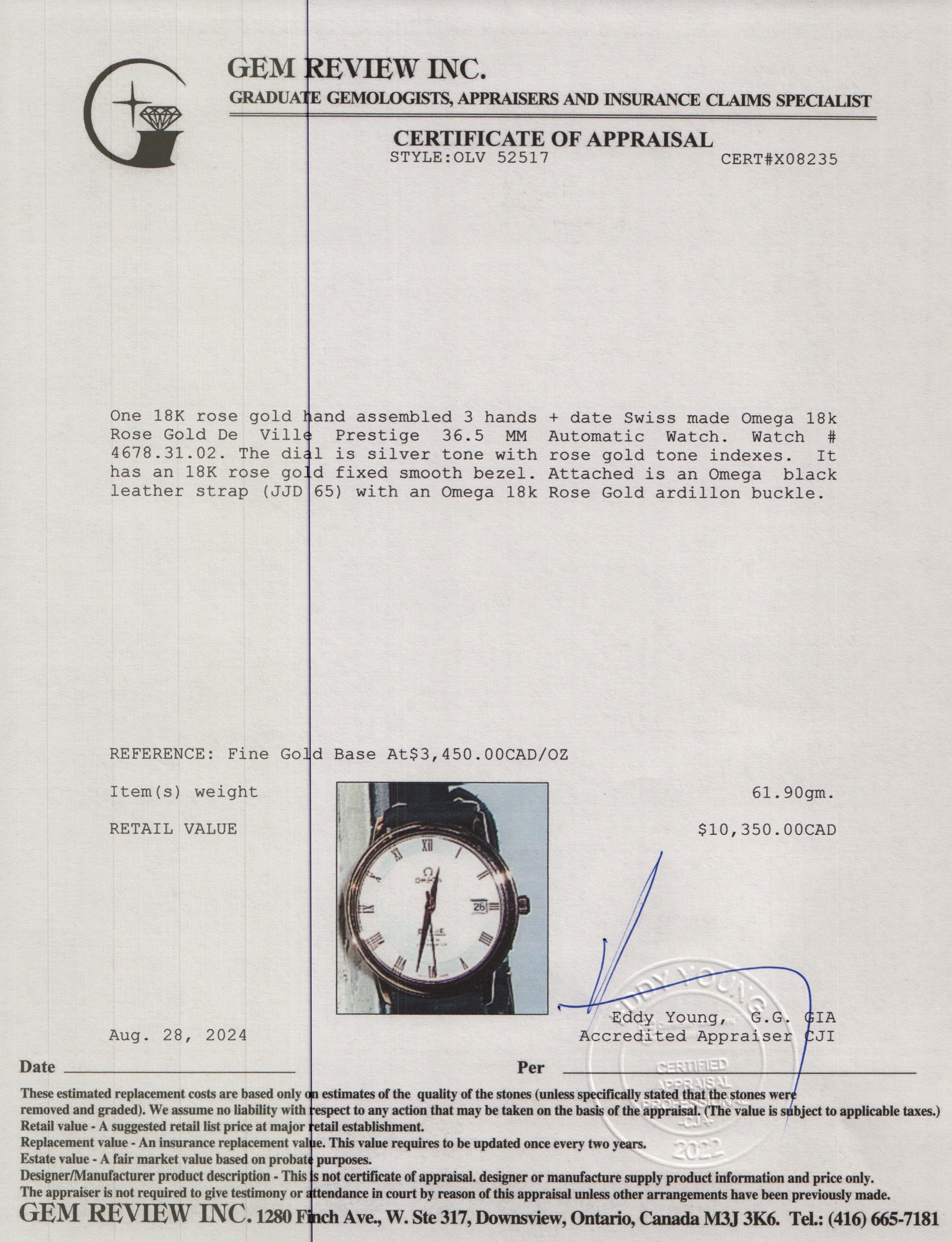 Omega 18k Rose Gold De Ville Prestige 36.5 MM Automatic Watch