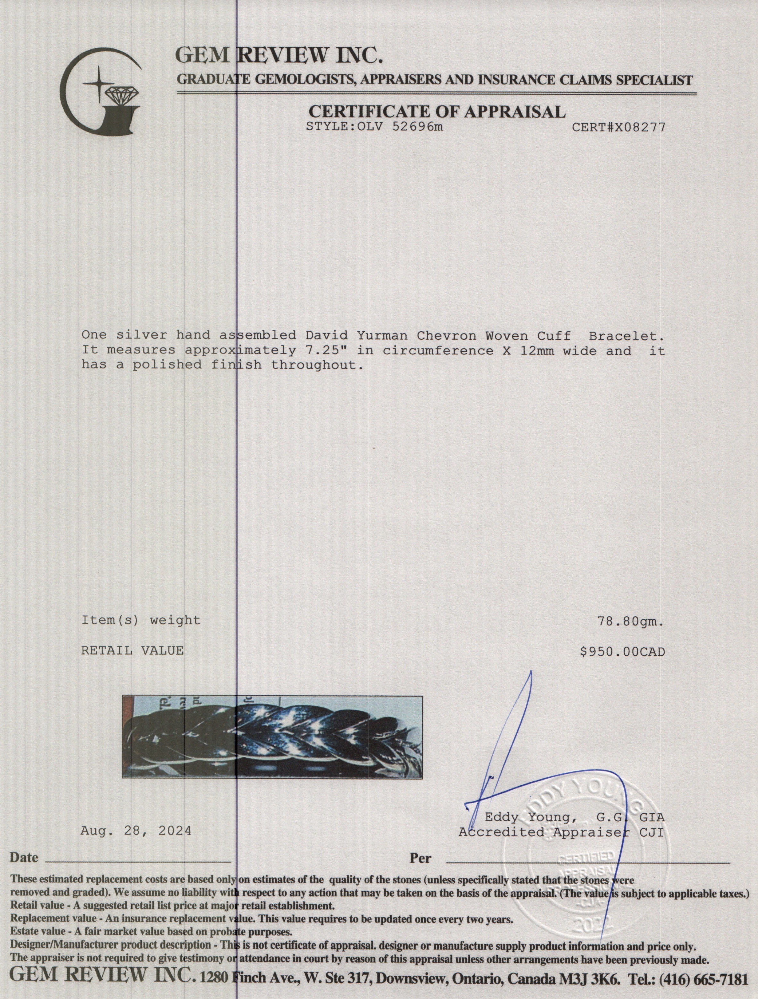 David Yurman Sterling Silver 12MM Chevron Woven Cuff Bracelet