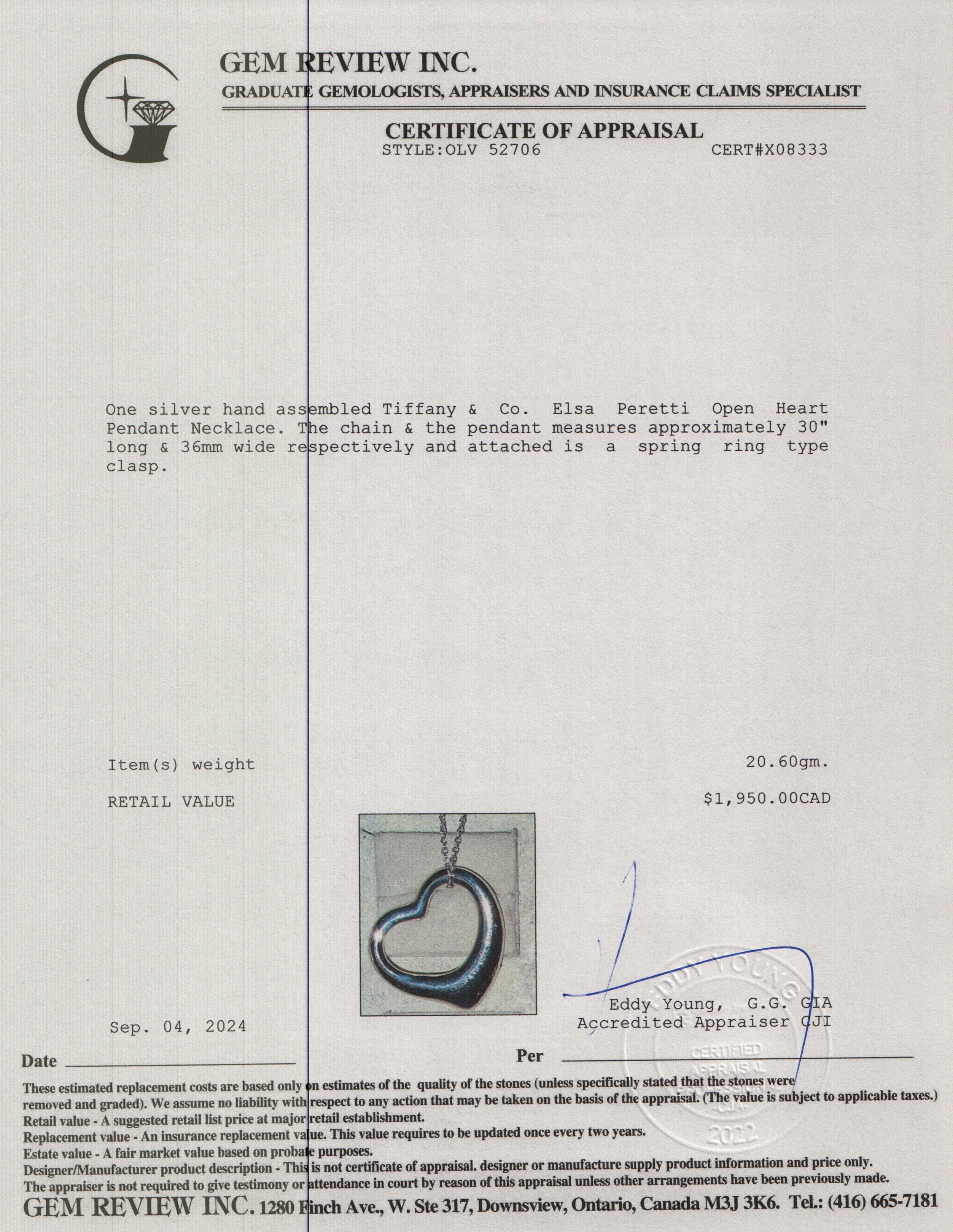 Tiffany & Co. Sterling Silver Elsa Peretti Open Heart Pendant Necklace, 36 MM