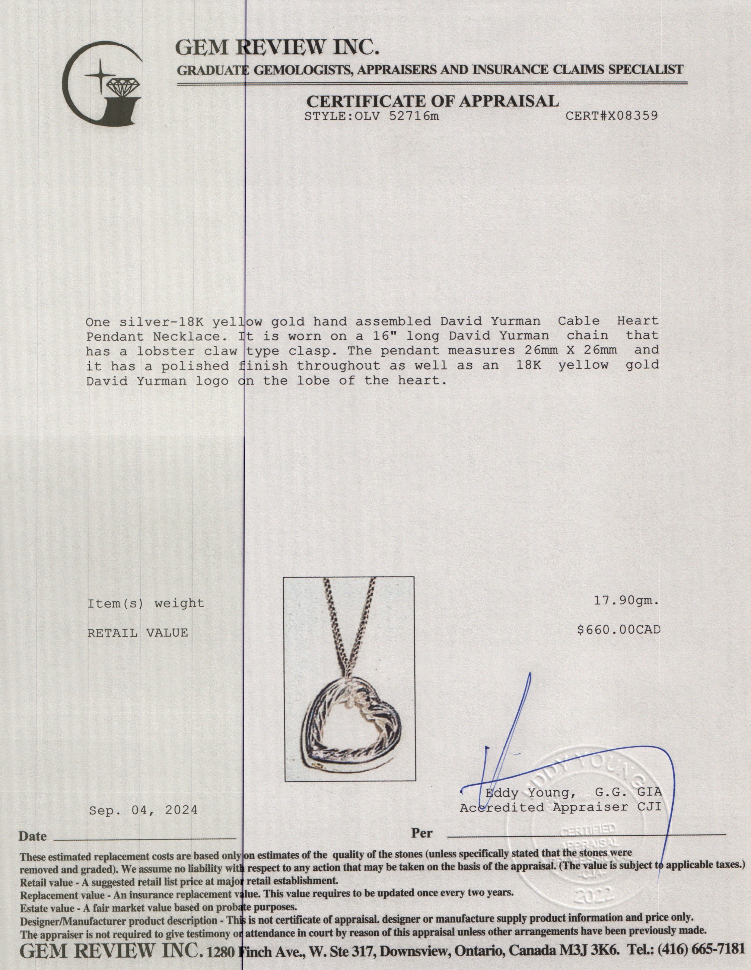 David Yurman Sterling Silver Cable Heart Pendant Necklace